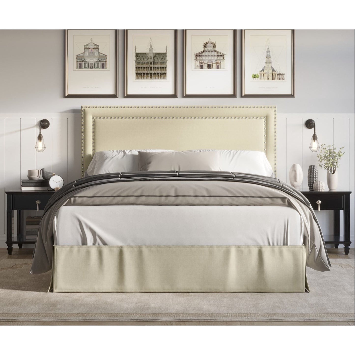 Home Design Keith King Upholstered Panel Bed Frame with Nailhead Trim, Beige – Adult Bedroom Furniture, Easy Assembly