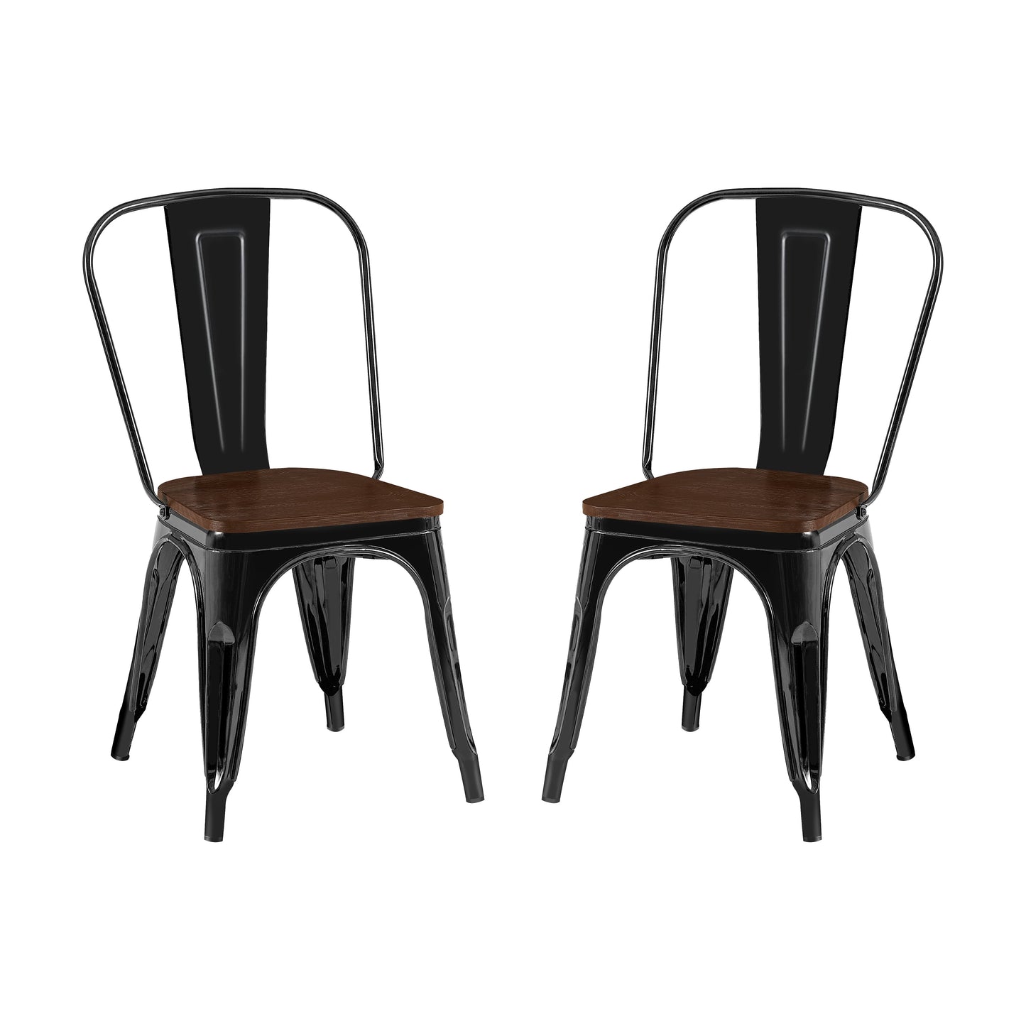 High Gloss Black with Walnut Wooden Seat Industrial Metal Dining Chairs 18 Inch Seat Height Stackable, Set of 2