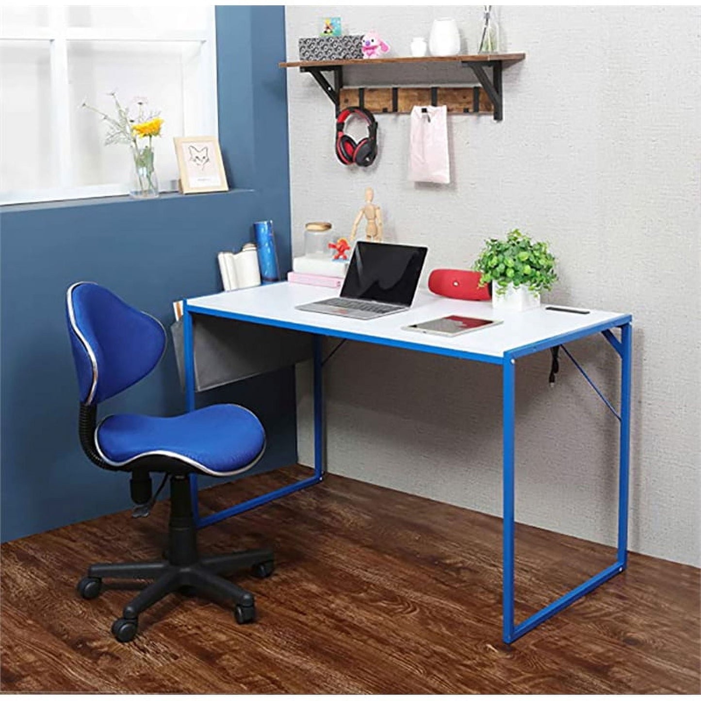 JJS Small Computer Desk Simple Style Writing Desk for Small Spaces 40 Inch Home Office Modern Student Study Laptop Writing Table with Storage Bag USB Hub, White/Blue
