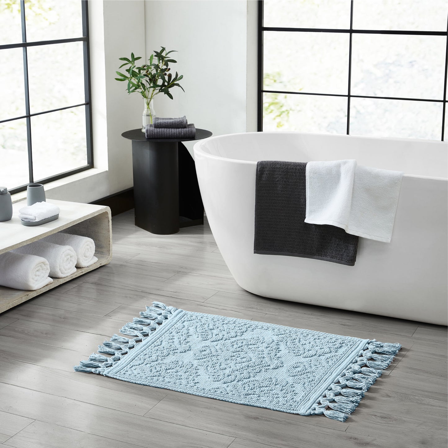 Jean Pierre Ricardo Cotton Fringe 2-Piece Bath Rug Set, Light Blue