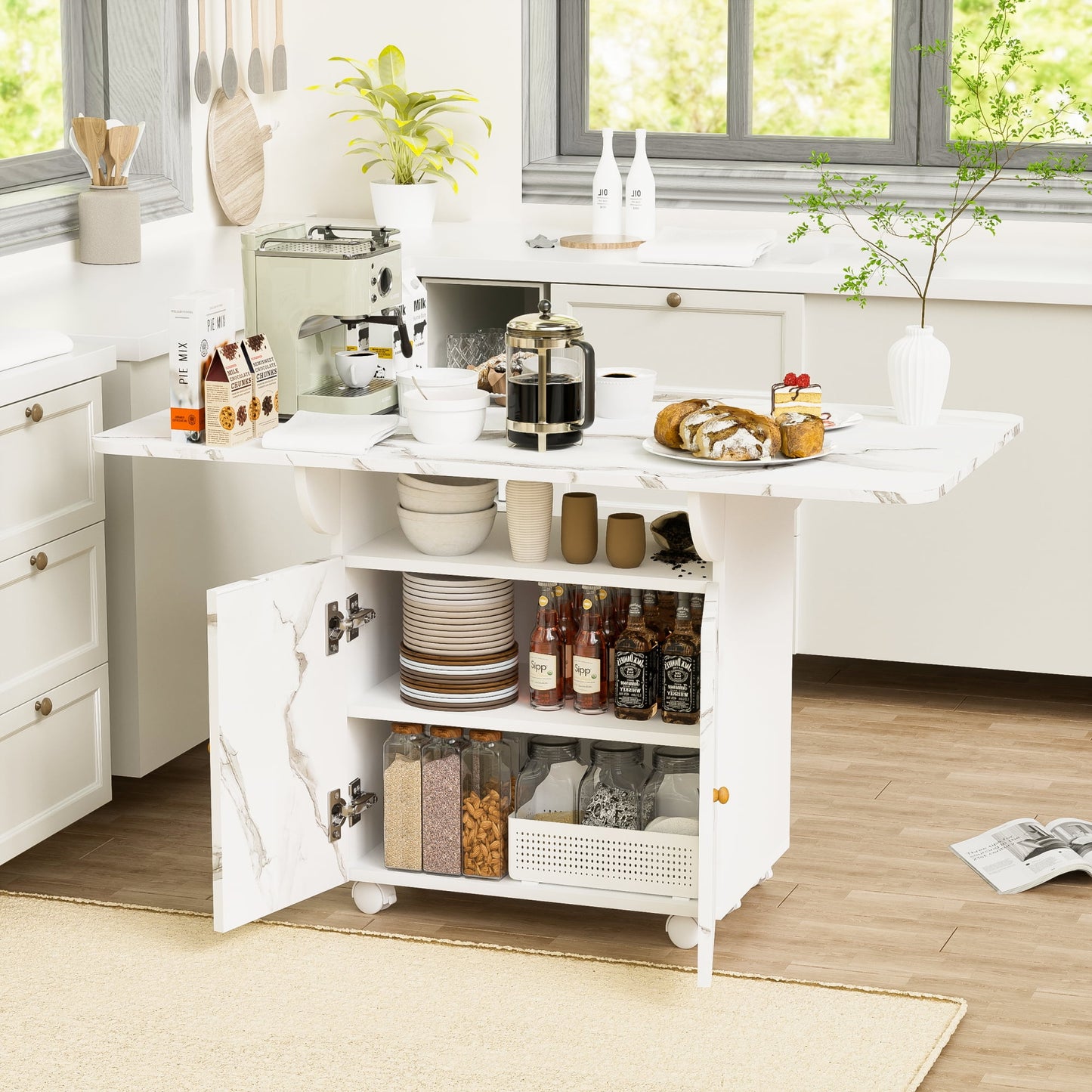 Jopath Folding Extendable Dining Table Set With 4 Chairs, 55'' Drop Leaf Wood Dining Room Table Set And 360° Wheels And There Are Storage Layers And Drawers For Small White