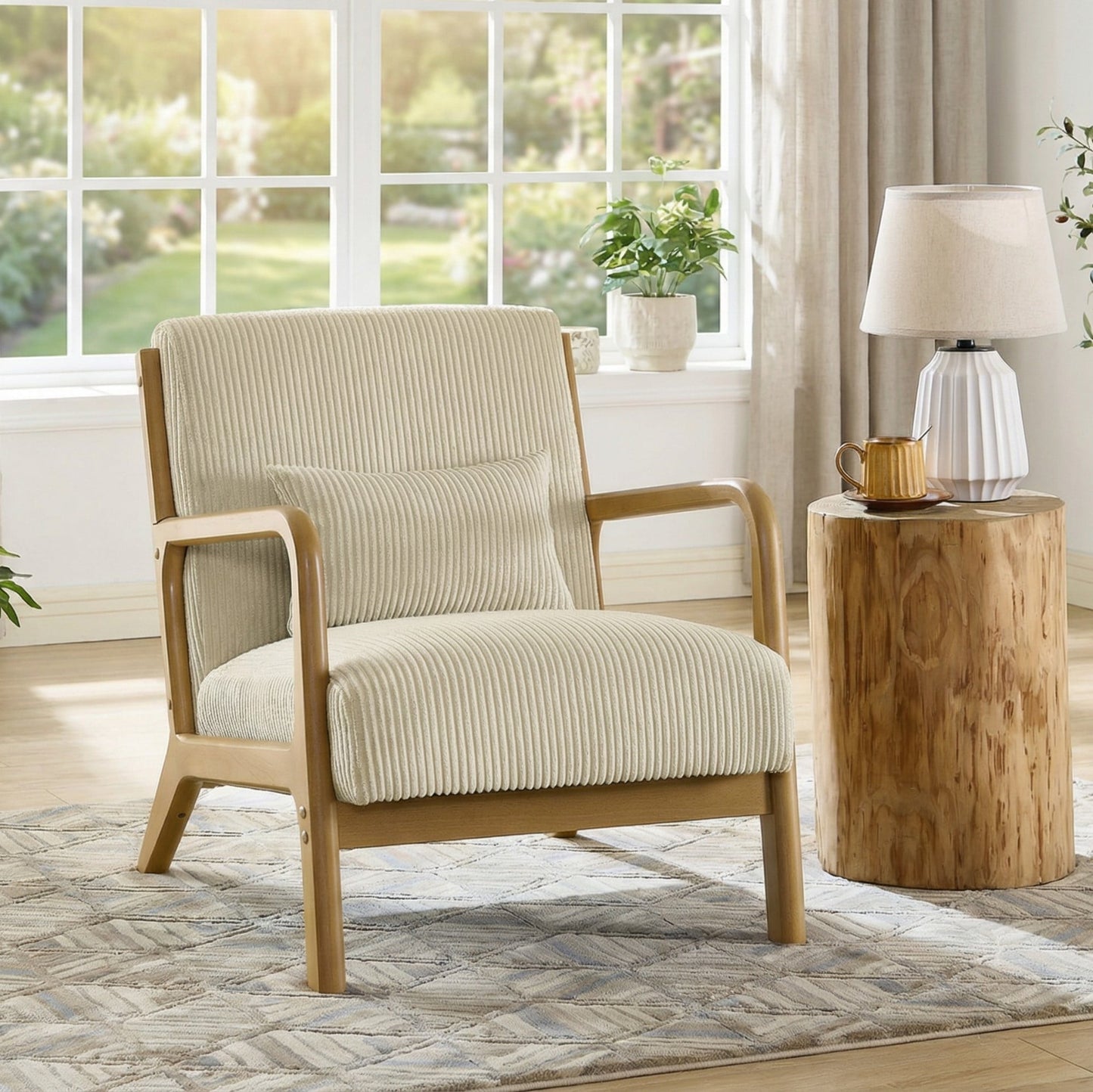 Jopath Silla Decorativa de Mediados de Siglo, Silla Moderna de Tela de Pana con Armazón de Madera y Almohada, Sillón Tapizado, Silla de Lectura, Silla Lounge para Sala de Estar, Dormitorio, Beige 01