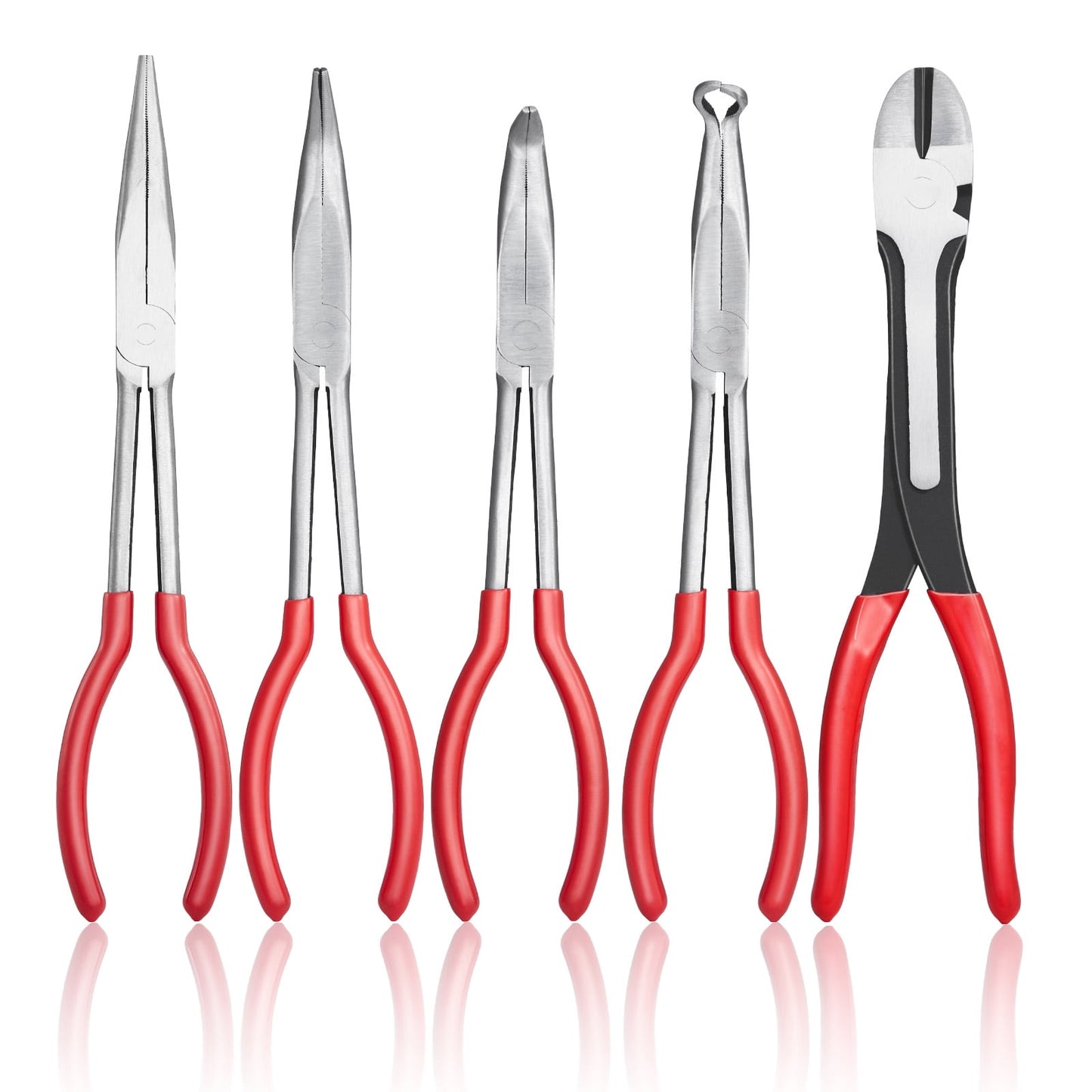 KFFKFF 5-Piece Needle Nose Pliers Set, 11 in Long Pliers Kit, Diagonal Cutting, 45°/90° Bent Nose, Round Nose, Long Nose Pliers with Storage Case