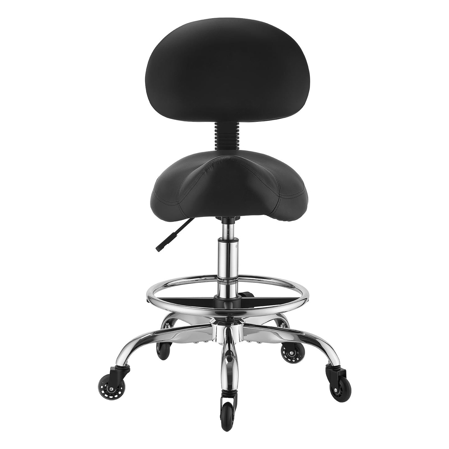 KFFKFF Adjustable Saddle Stool with Backrest and Footrest, 500 lbs Capacity, Quiet Wheels, PU Leather Seat, 360° Swivel Rolling Chair for Salon, Spa, Bar, Medical, Black
