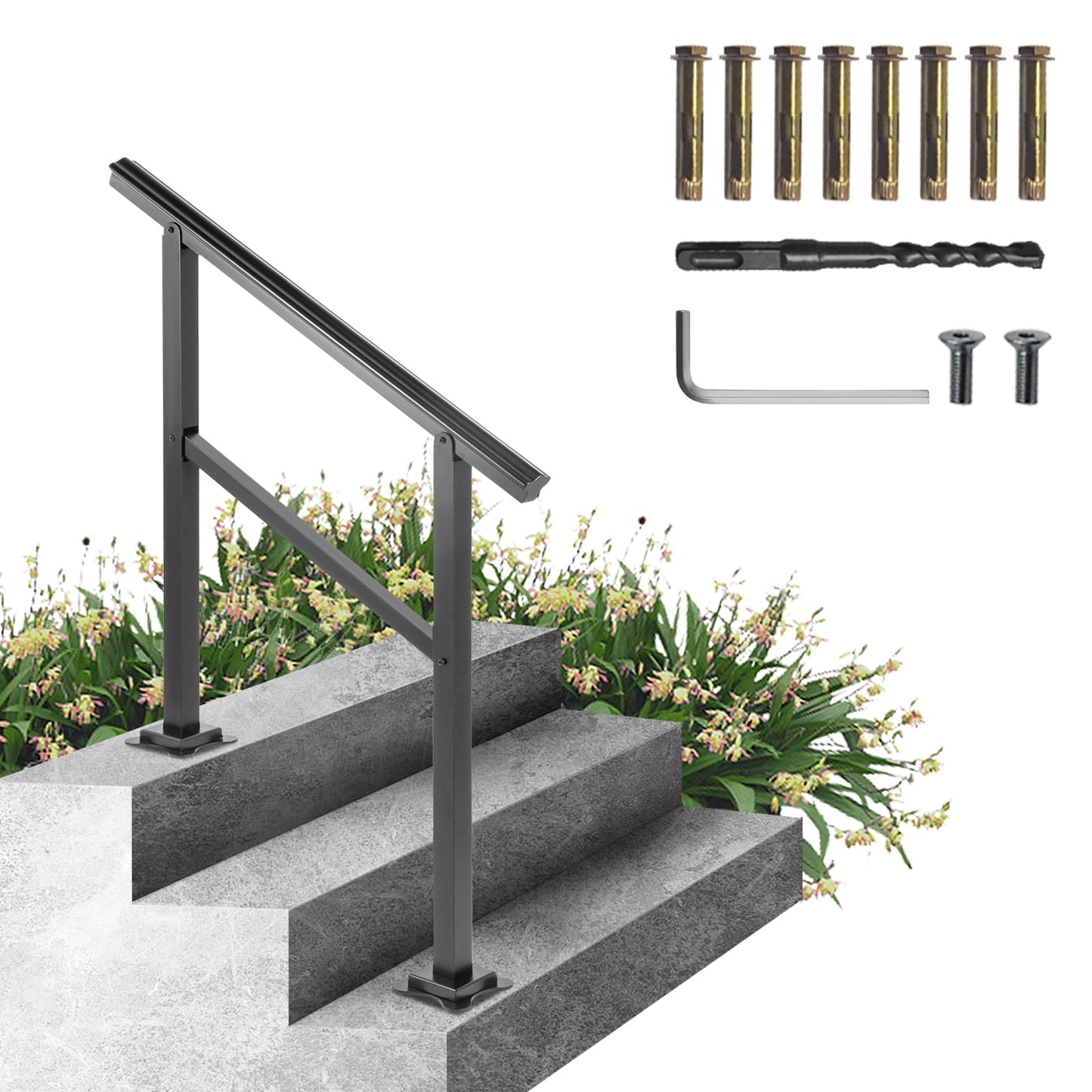 KFFKFF Exterior Stair Rail, Aluminum, 36 x 35", Supports up to 165LBS, Adjustable Angle 0-30°, Suitable for 2-3 Steps, Includes Mounting Hardware
