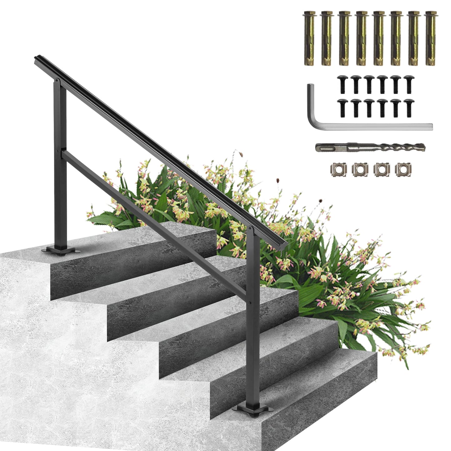 KFFKFF Outdoor Aluminum Stair Handrail, 165LBS Load Capacity, 60 x 35" Railing for 4-5 Steps, Adjustable 0-30° Angle, Includes Screw Kit