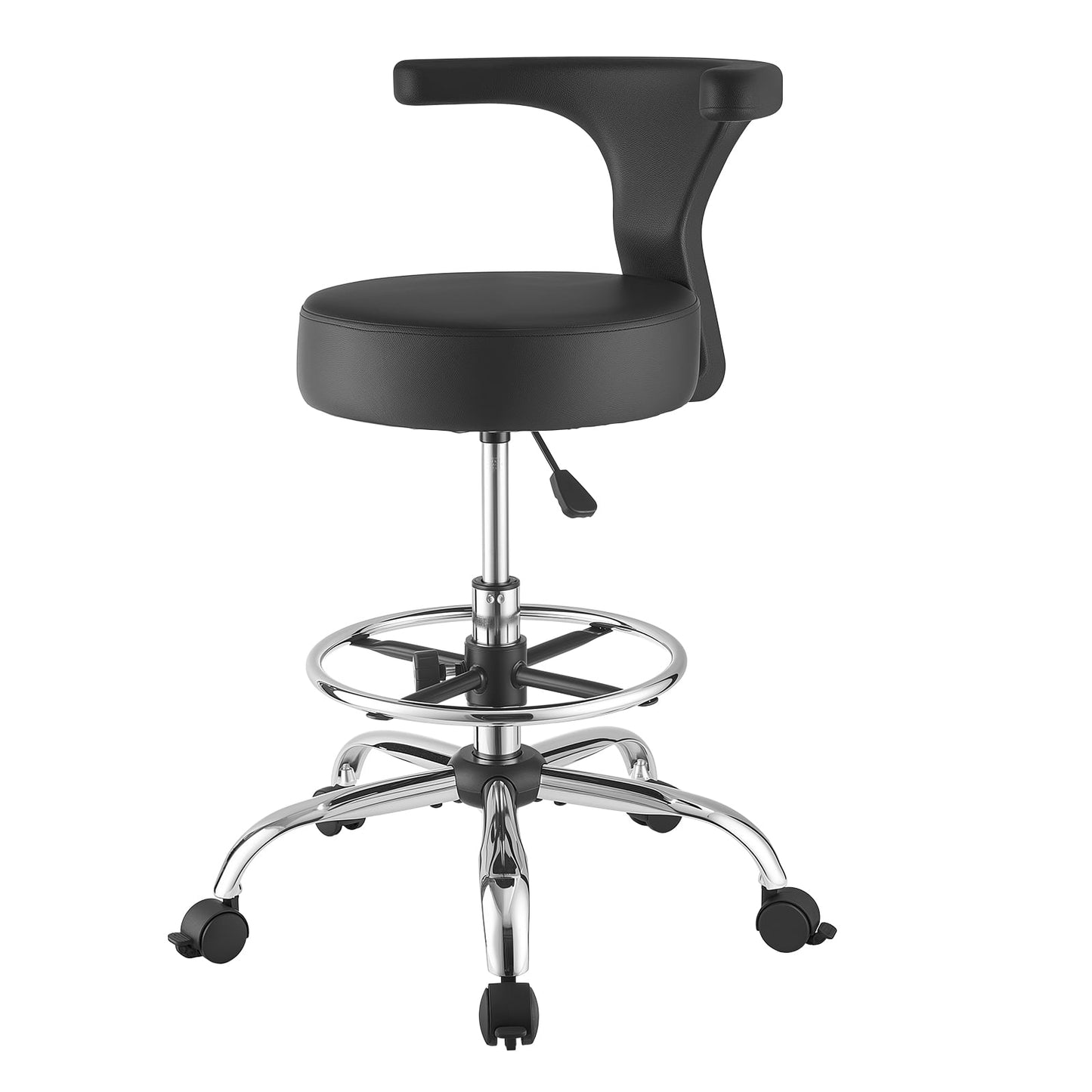 KFFKFF Rolling Stool with Backrest, 500 lbs Capacity, Adjustable Height, Cushioned Ergonomic PU Leather Seat, 360° Swivel Chair for Dental, Salon, Clinic, Black