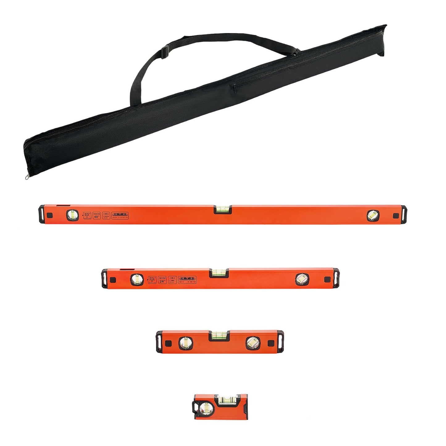 KFFKFF Torpedo Level Set, 4 Sizes: 4/12/24/40 in, Magnetic Aluminum Alloy Leveling Tools with 3 Green Vials,Hanging Hole,Box Beam Design for Multi-Angle Measurements in Construction and Home Projects
