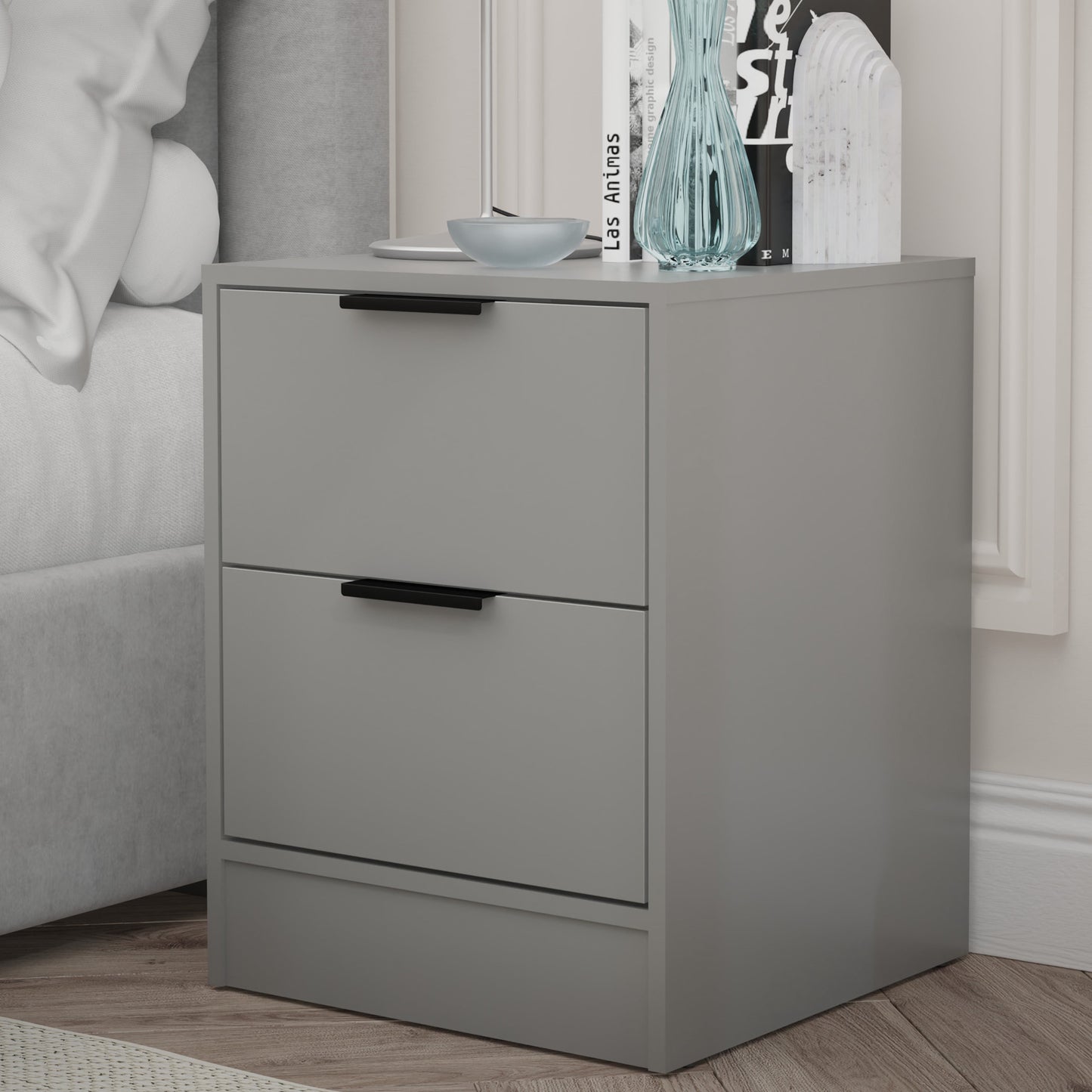 Kappesberg Fresno 2-Drawer Modern Nightstand, Grey, 22.8†H x 17.7†W x 17.7†D - for Adults and Teens