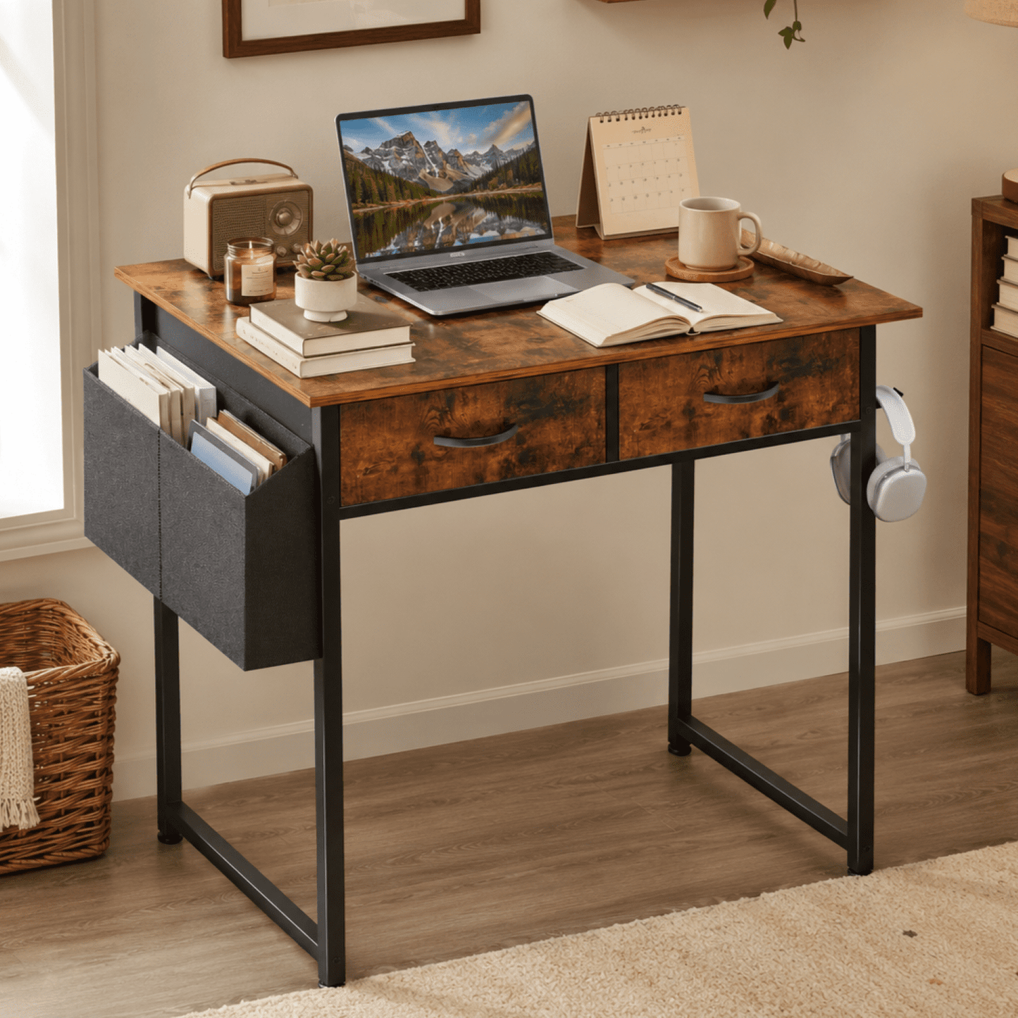 Kelno 32.5 Inch Small Desk with 2 Fabric Drawer Storage Bag Office Computer Desk Home Writing Desk Iron Headphone Hook Vanity Writing Table, Rustic Brown