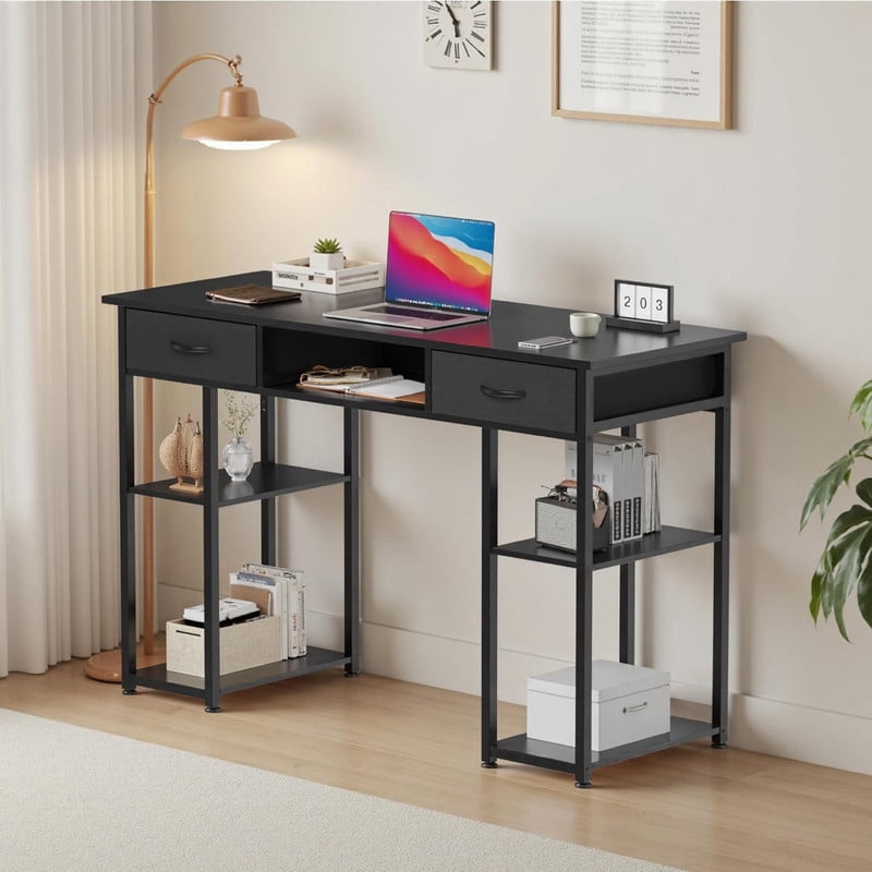 Kelno 48 Inch Computer Desk with Storage Shelf 2 Fabric Drawer Vanity Writing Table, Black