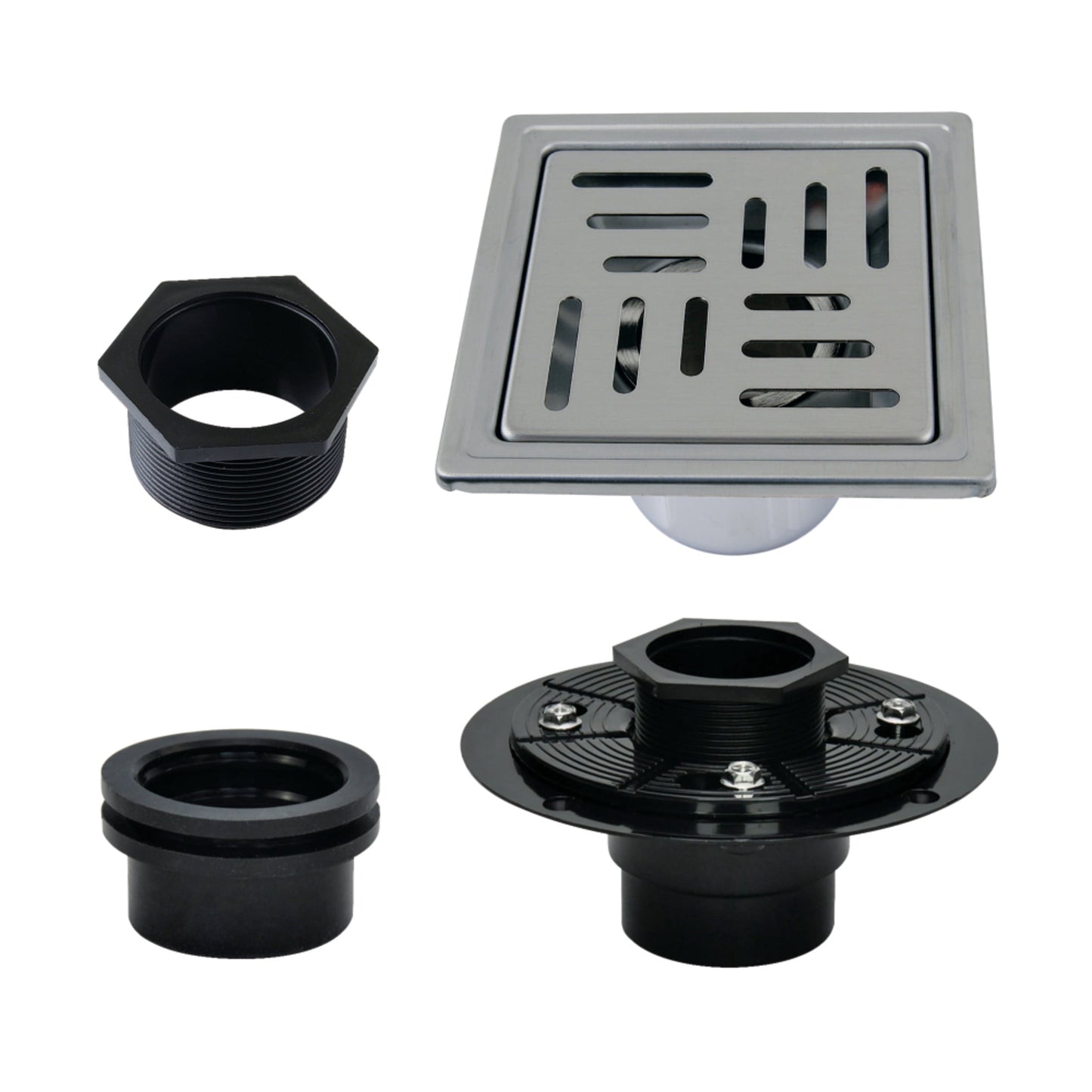 Kingston BSFK4410SS Watercourse 4-Inch Stainless Steel Square Grid Shower Drain with Flange in Brushed Stainless Steel
