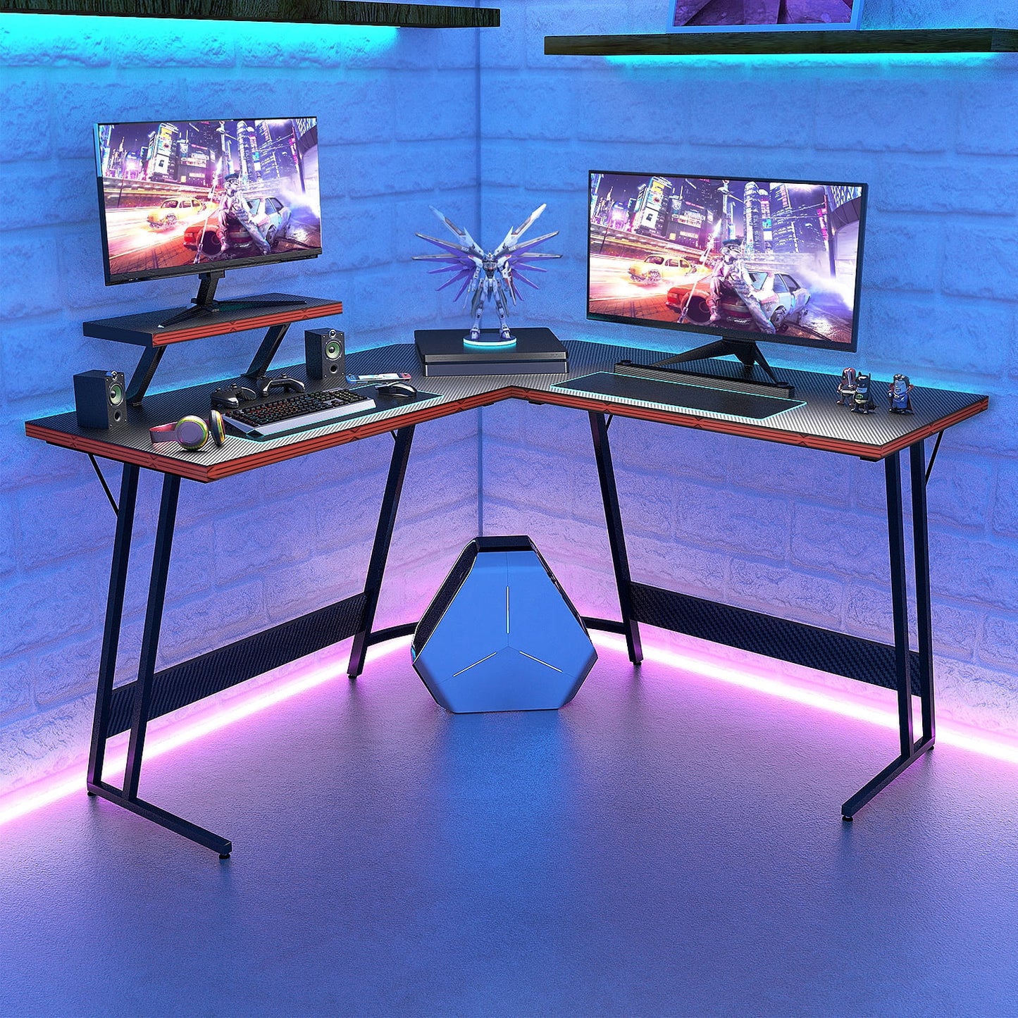 Lacoo 51.2“ Gaming Desk L-shaped Carbon Fiber Surface Gaming Corner Desk Table, Black
