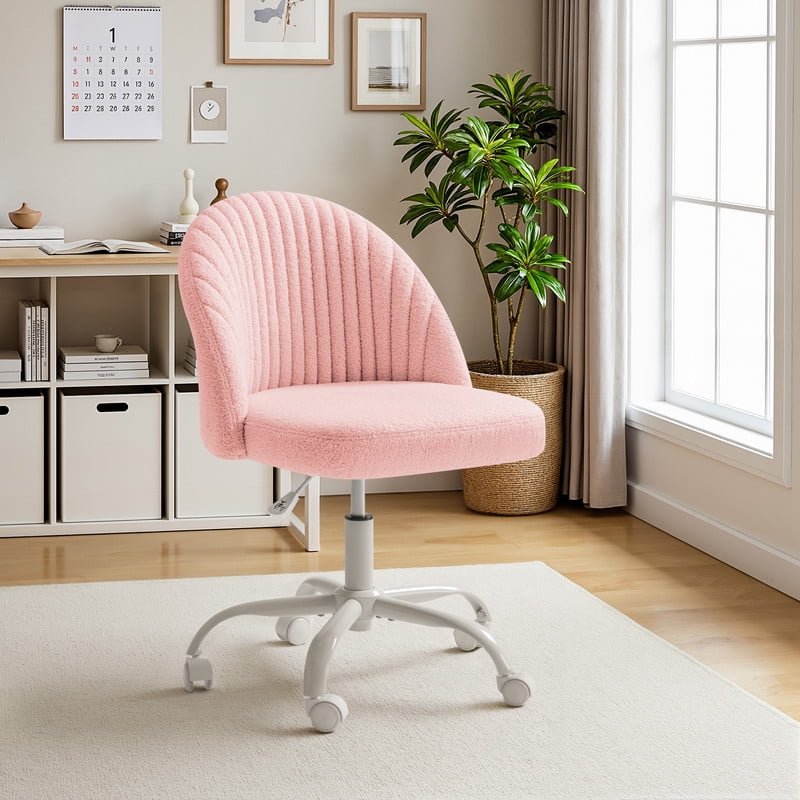 Lacoo Silla Moderna de Tocador con Respaldo, Silla de Escritorio de Terciopelo Teddy para Dormitorio, Sala de Estar O Estudio, Silla Pequeña de Oficina, Blanca