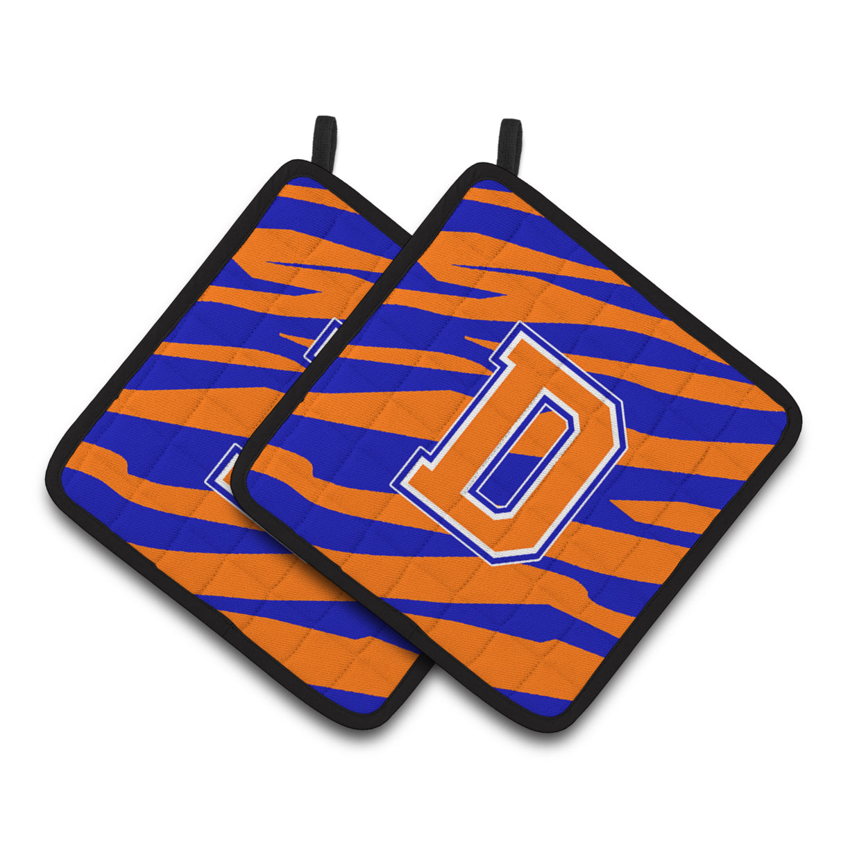 Letter D Initial Tiger Stripe - Blue Orange Pair of Pot Holders