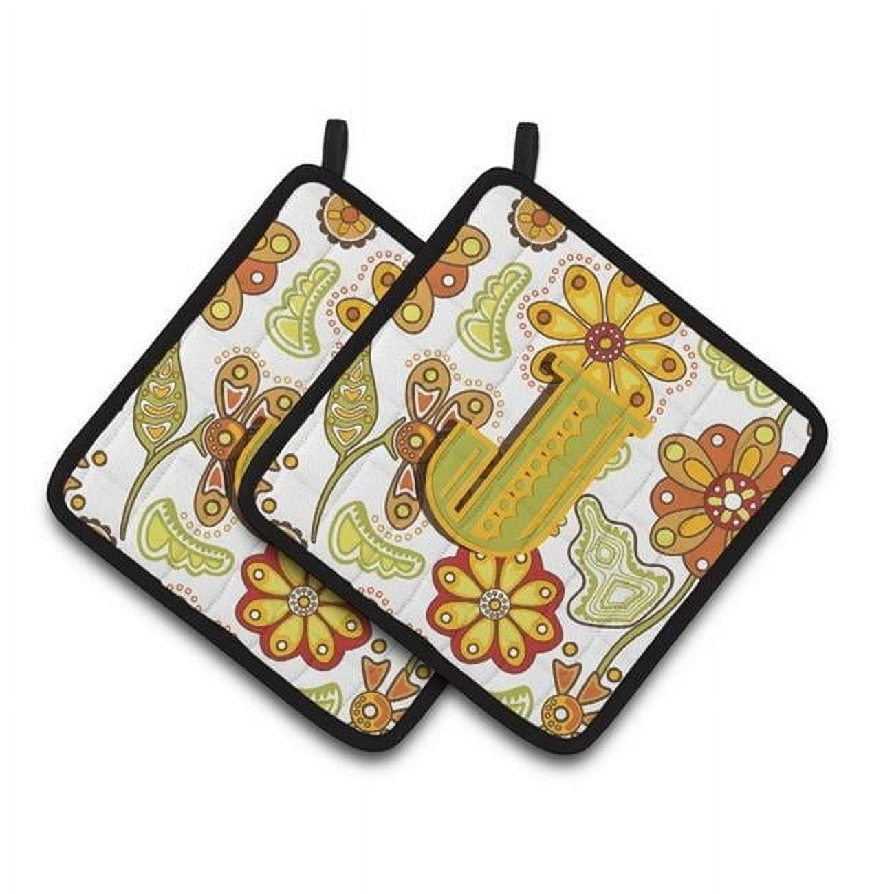 Letter J Floral Mustard and Green Pair of Pot Holders