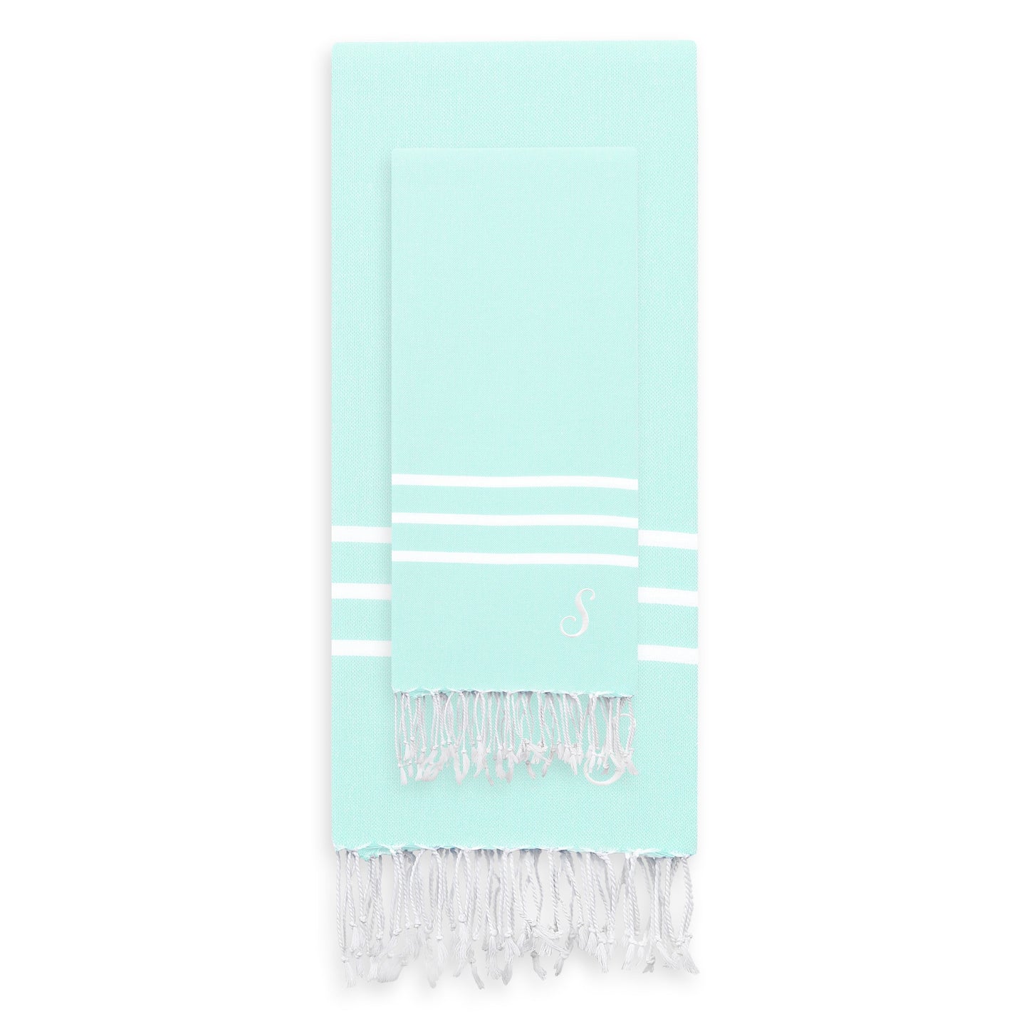 Linum Home Authentic Ella Soft Aqua Monogrammed Pestemal Fouta Turkish Cotton Beach and Head Towel Set (Set of 2) S