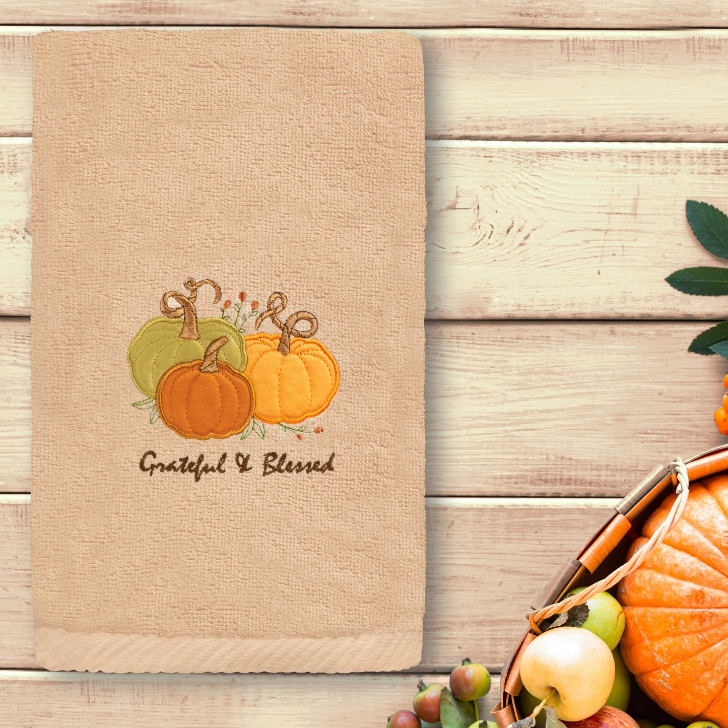 Linum Home Textiles Grateful & Blessed - Embroidered Luxury Turkish Cotton Hand Towel, Sand Beige
