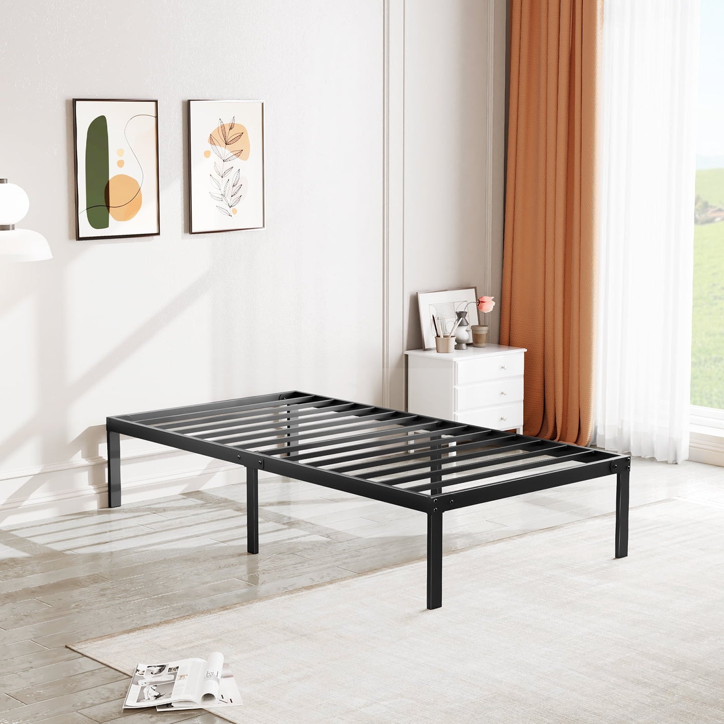 MAYEERTY 14" Queen Metal Bed Frame - Heavy Duty, Underbed Storage, No Box Spring, Black​