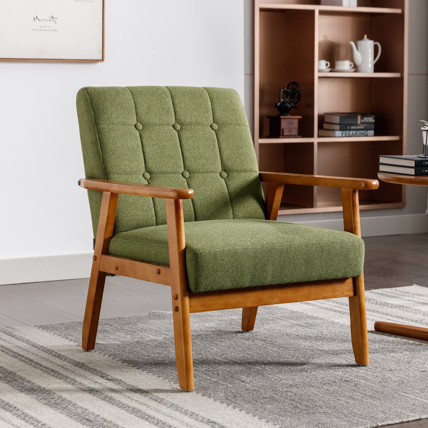 MOONMISS Mid Century Modern Arm Chair with Rubber Wood Frame, Accent Chair with Velvet Upholstery for Living Room Bedroom Reading Room, Easy Assembly,Green