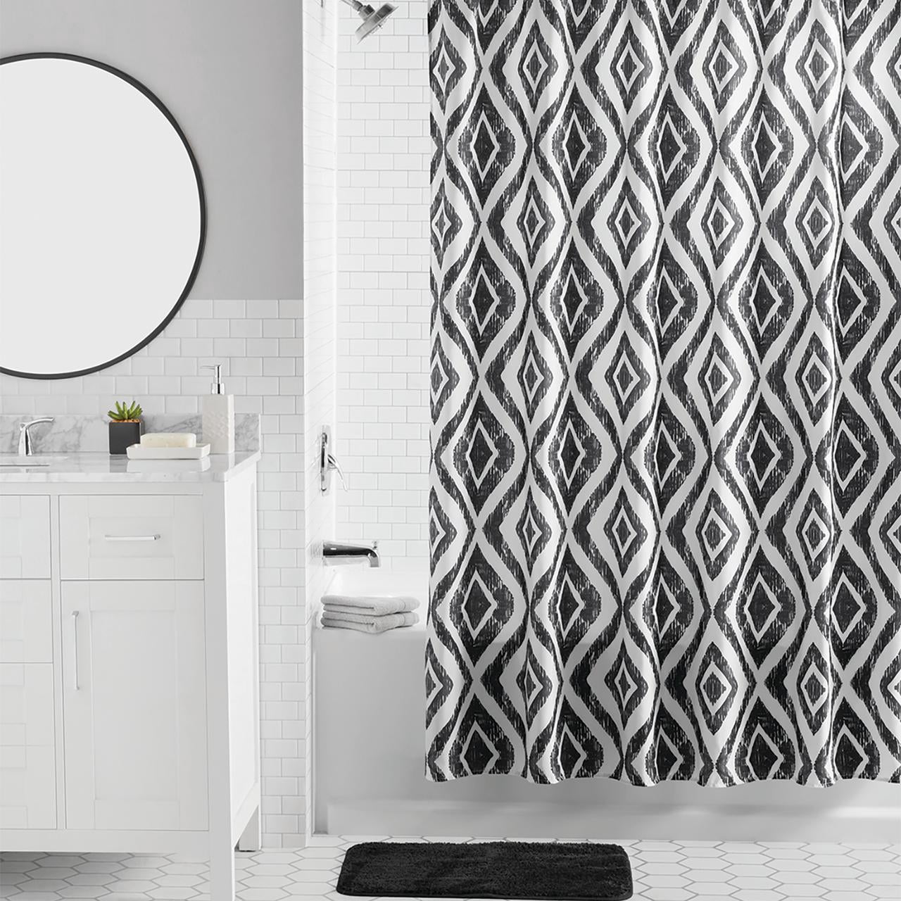 Mainstays 16-Piece Black Diamond Pattern Shower Curtain Bathroom Set – Fabric Curtain with Rug, Hooks, Soap Dispenser & Tray