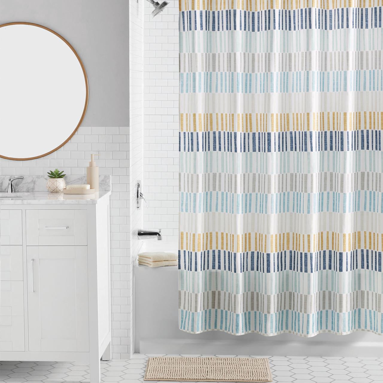 Mainstays 16-Piece Multi-color Stripe Shower Curtain Bathroom Set – Fabric Curtain with Rug, Hooks, Soap Dispenser & Tray