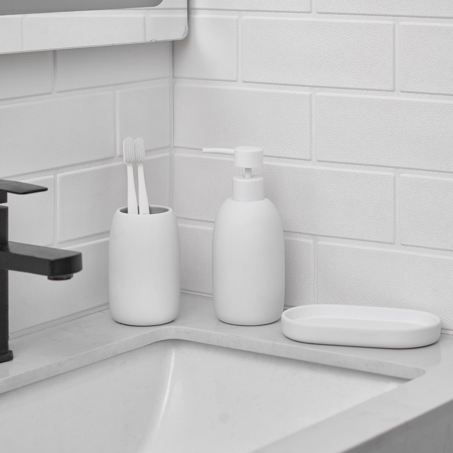 Mainstays Ceramic Stoneware Bath Accessories 3-Piece Set, White – Soap Pump Dispenser, Tumbler, and Accessory Tray