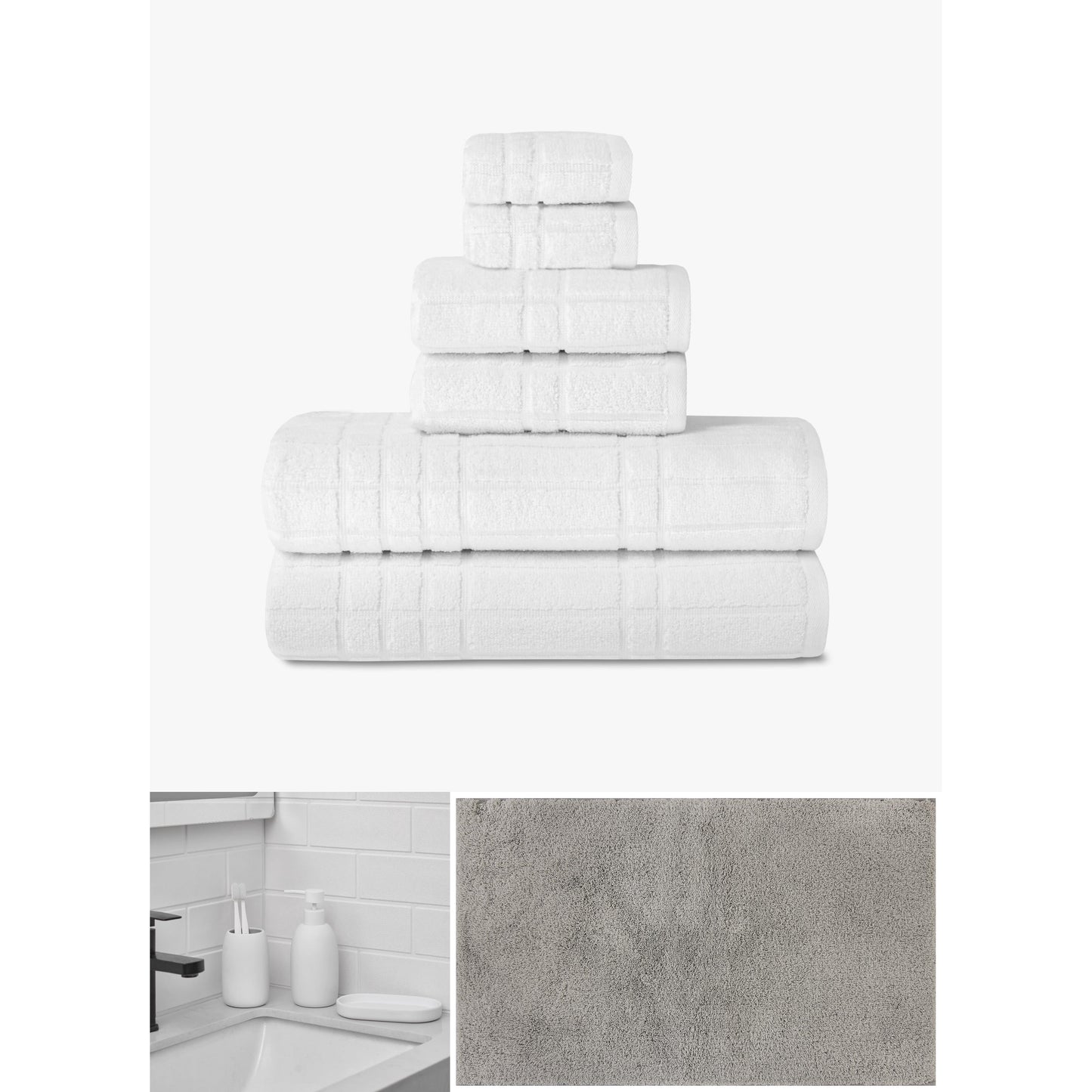 Mainstays Complete Bathroom Essentials Set – Cotton Towels, Bath Rug & 3-Piece Bath Accessories, White