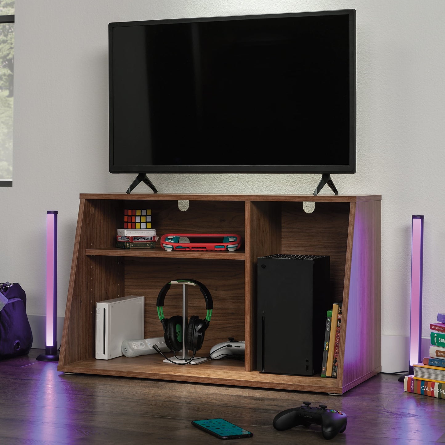 Mainstays Gamer TV Stand Console for TV's up to 32", Warm Walnut Finish