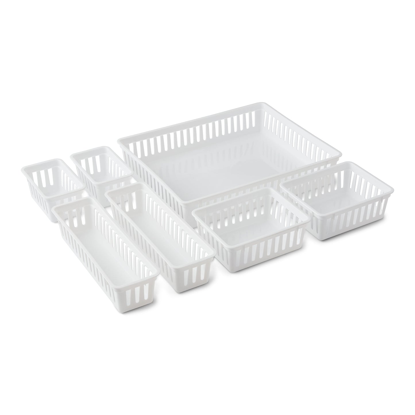 Mainstays 7-Piece Drawer Storage Organizer Bin Set, Plastic Drawer Organizer Containers for Kitchen, Desk, Bathroom and Vanity Drawer Organization