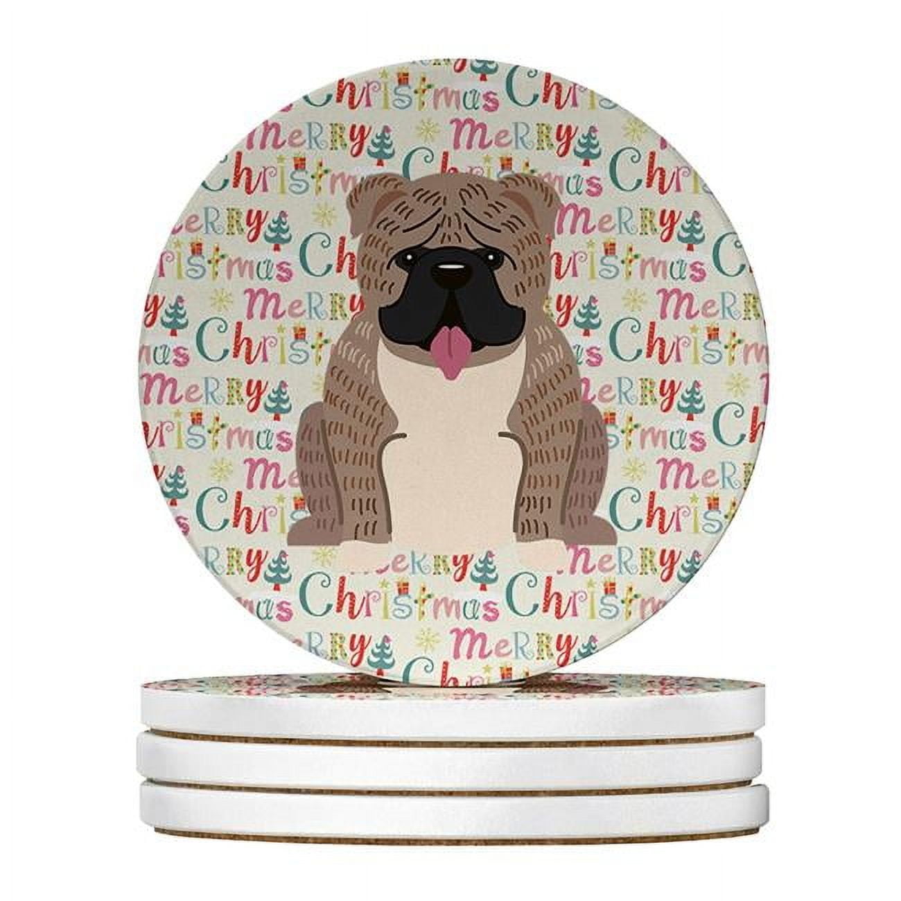 Merry Christmas English Bulldog Grey Brindle Large Sandstone Coasters Pack of 4 4 in x 4 in