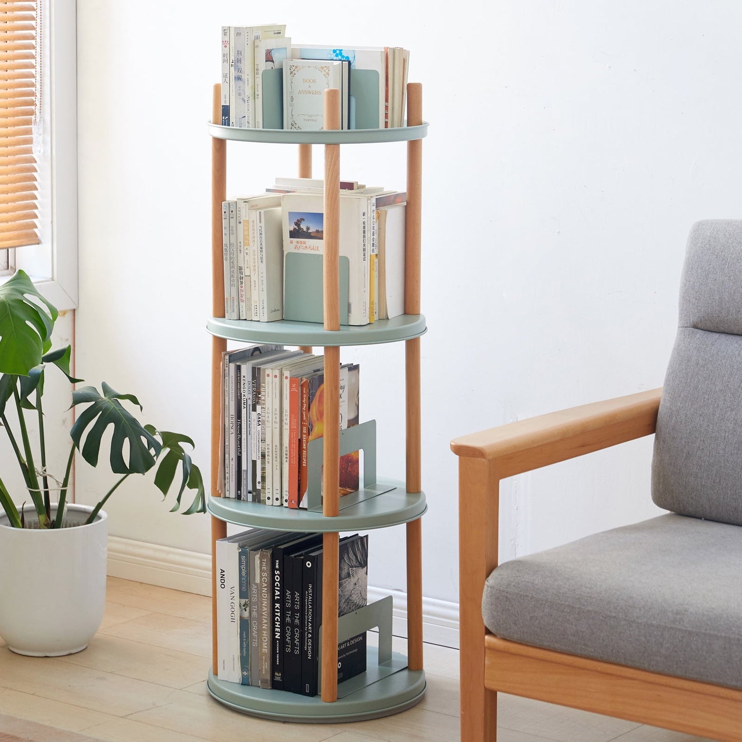 Mintazer 360° Rotating Bookshelf, Solid Wood 4-Tier Standing Bookcase Open Shelves for Living Room, Bedroom, Study Room, Kitchen