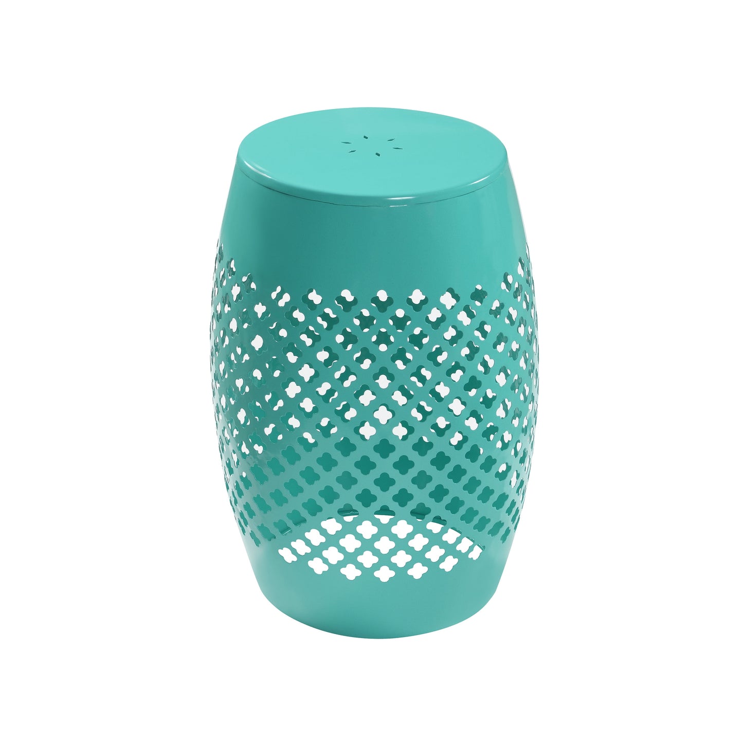 Modern Round Iron Side Table with Lace Hollow Cut Design, Powder Coated Rustproof Accent End Table, Compact 12"L×12"W×16.7"H Available in Blue Green White for Indoor Patio Balcony Garden