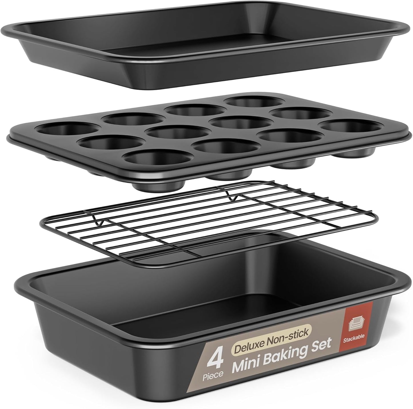 Bakken 4-Piece Bakeware Sets, Nonstick Carbon Steel Baking Sheet, Stackable Space-Saving Bakeware, Dishwasher Safe, Oven Safe 450°F, Black