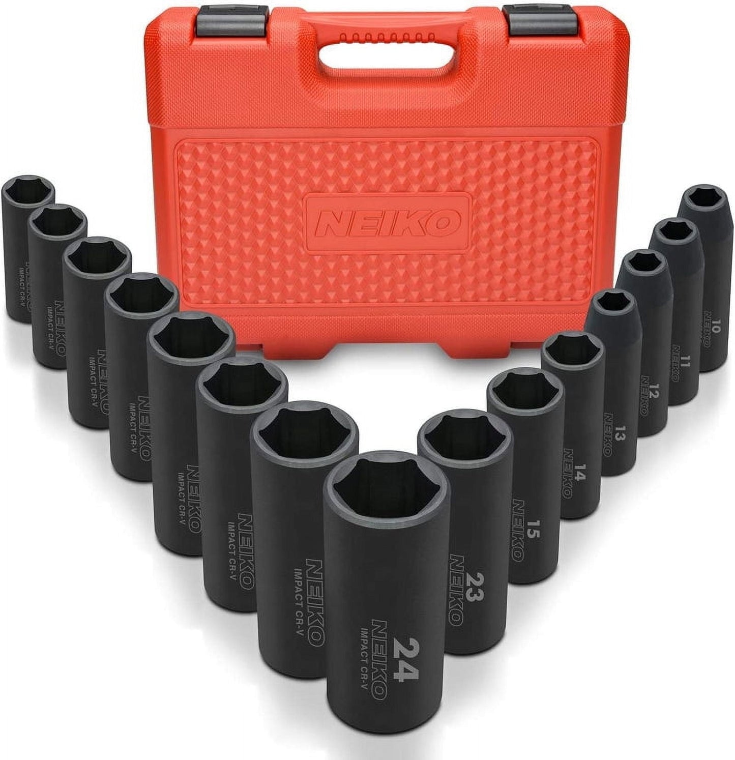NEIKO 02474A 1/2" Impact Socket Set, 15 Piece Metric Socket Set 10-24 mm, Deep Sockets, 6 Point, 1/2†Drive Sockets for 1/2" Impact Wrench, Chrome Vanadium Cr-V