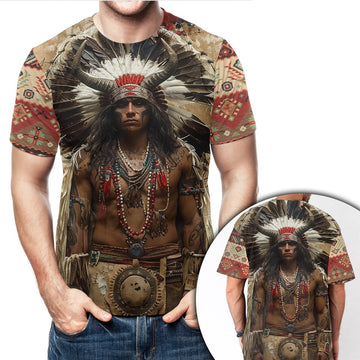 Native American Indian Chief Buffalo Headdress 3D All Over Print T-Shirt