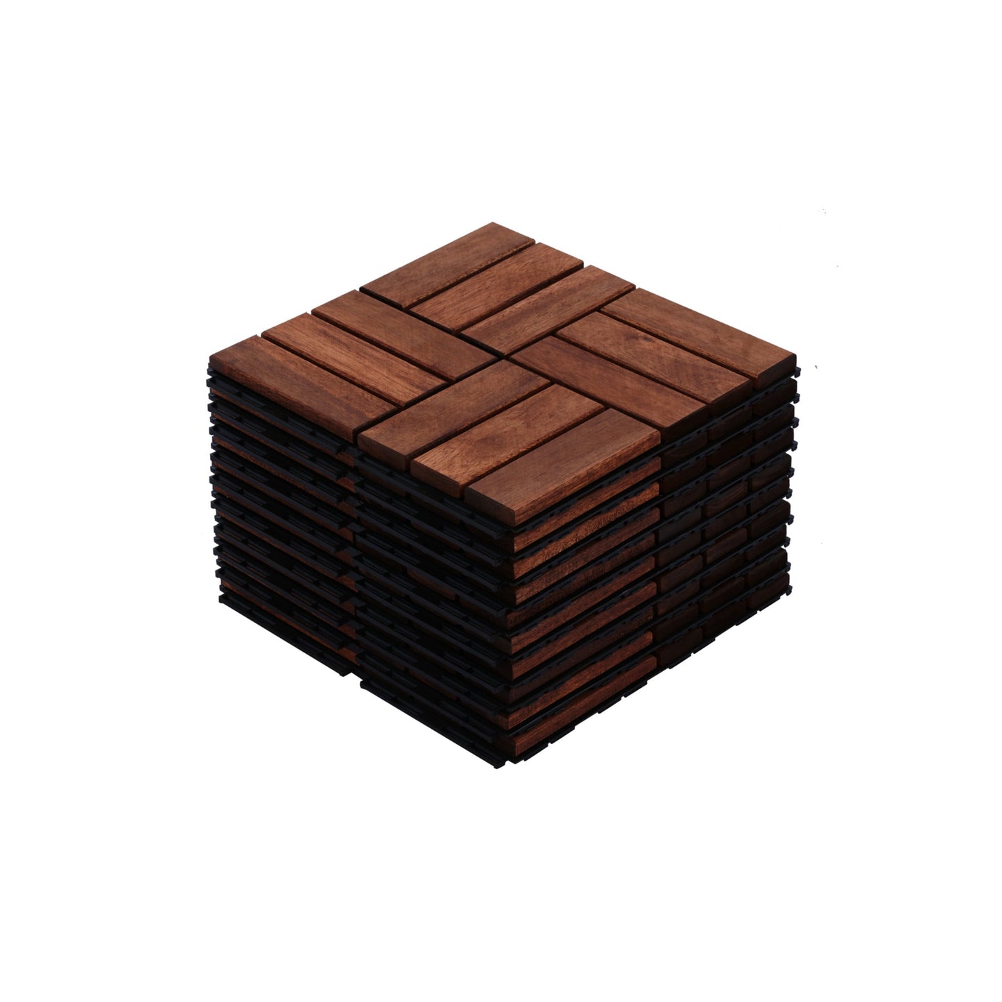 Noble House 12" Checker Acacia Wood Interlocking Deck Tiles, All-Weather Hardwood Patio Flooring, Brown, 10 PCS