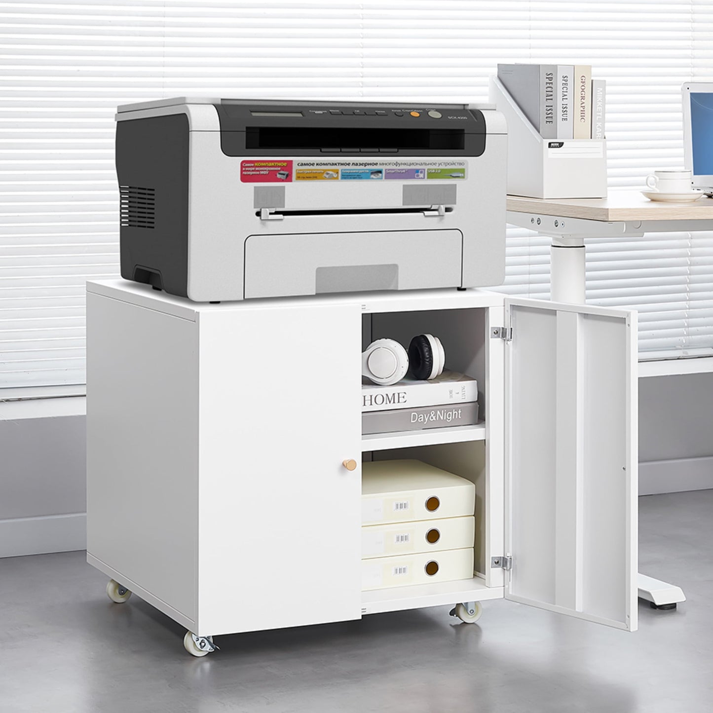 Noble House 23.6"H Metal Printer Stand Cabinet with 360° Lockable Wheels & Adjustable Shelves, White