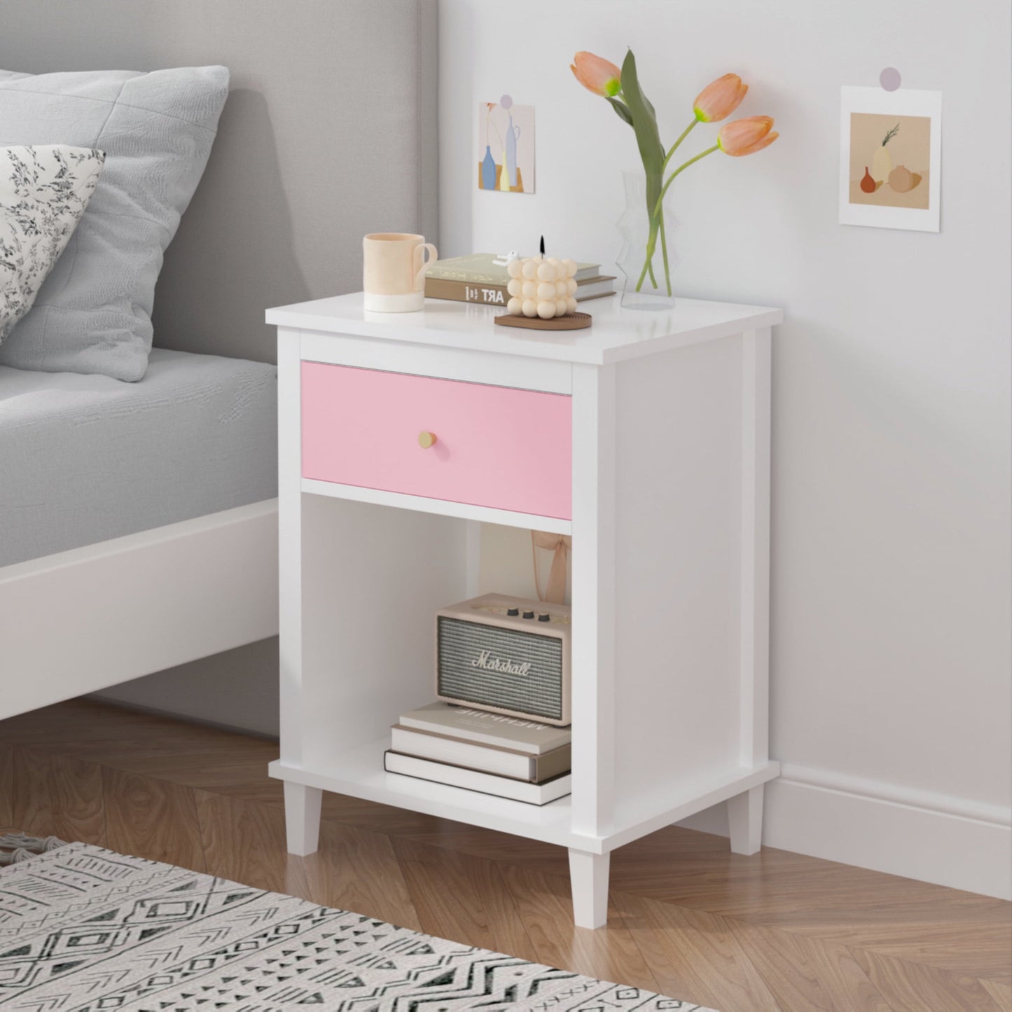Noble House 26.8" Kids and Adults Wooden Nightstand, 1-Drawer Bedside Table with Shelf, Silver Handle, White & Pink