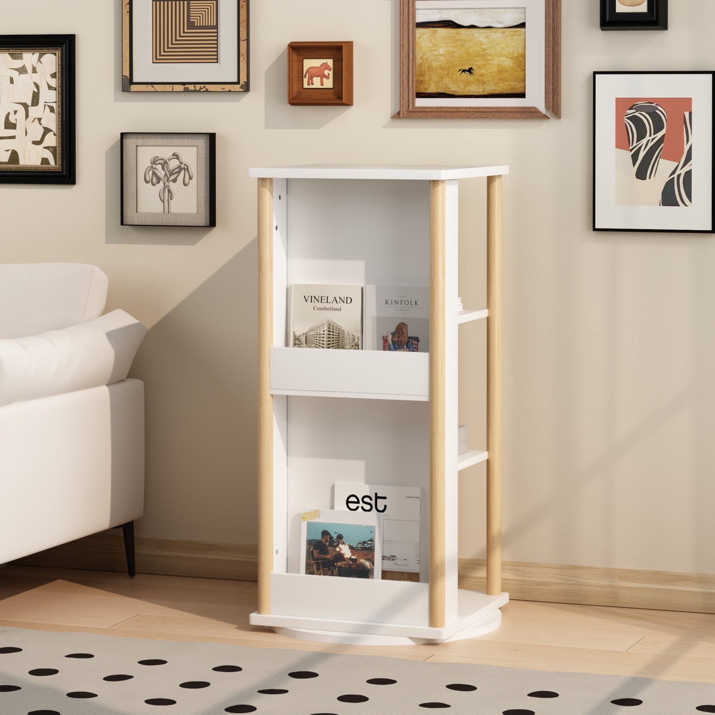 Noble House 360° Rotating Kids Bookshelf, 3-Tier Revolving Bookcase with Chalkboard & Storage, White and Natural