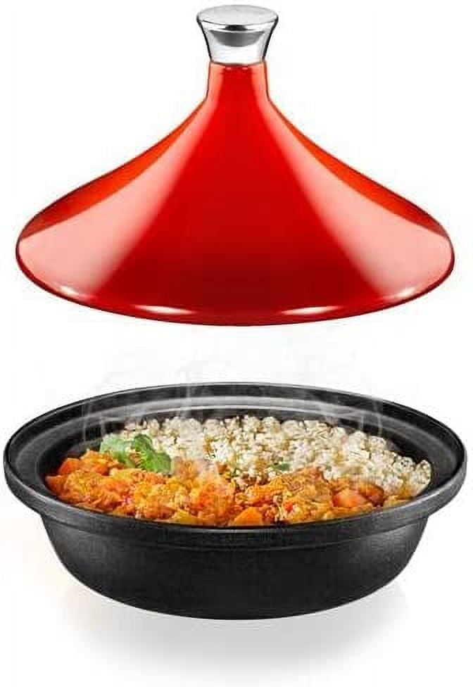 NutriChef Cast Iron Moroccan Tagine 2.75 Quart Tajine Cooking Pot with Stainless Steel Knob ​(Red)