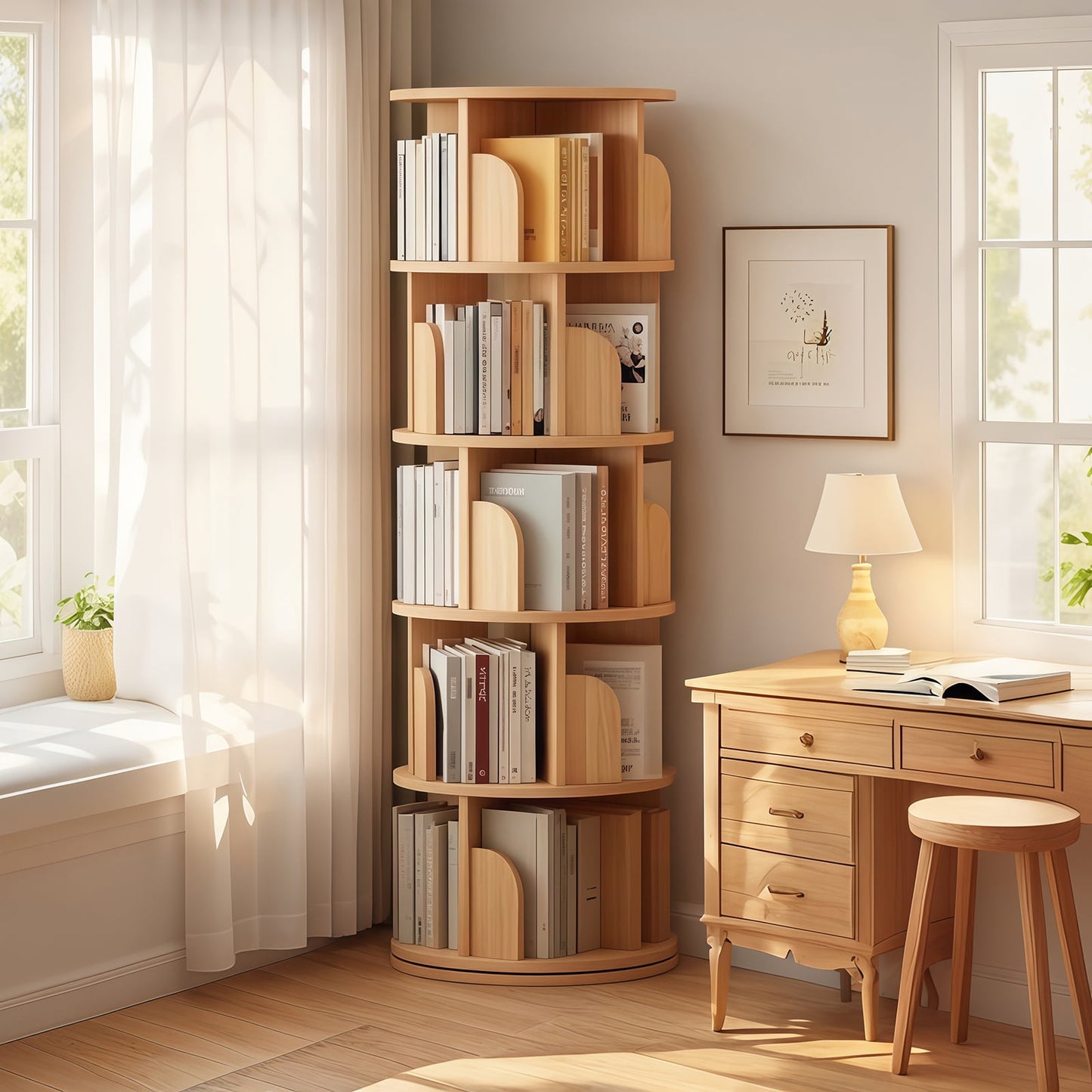PORKISS 5-tier Rotating Bookshelf, 360° Display Rotating Bookcase, Small Space Corner Storage Rack, Book Organizer Shelves for Home Office, Living Room, Wood