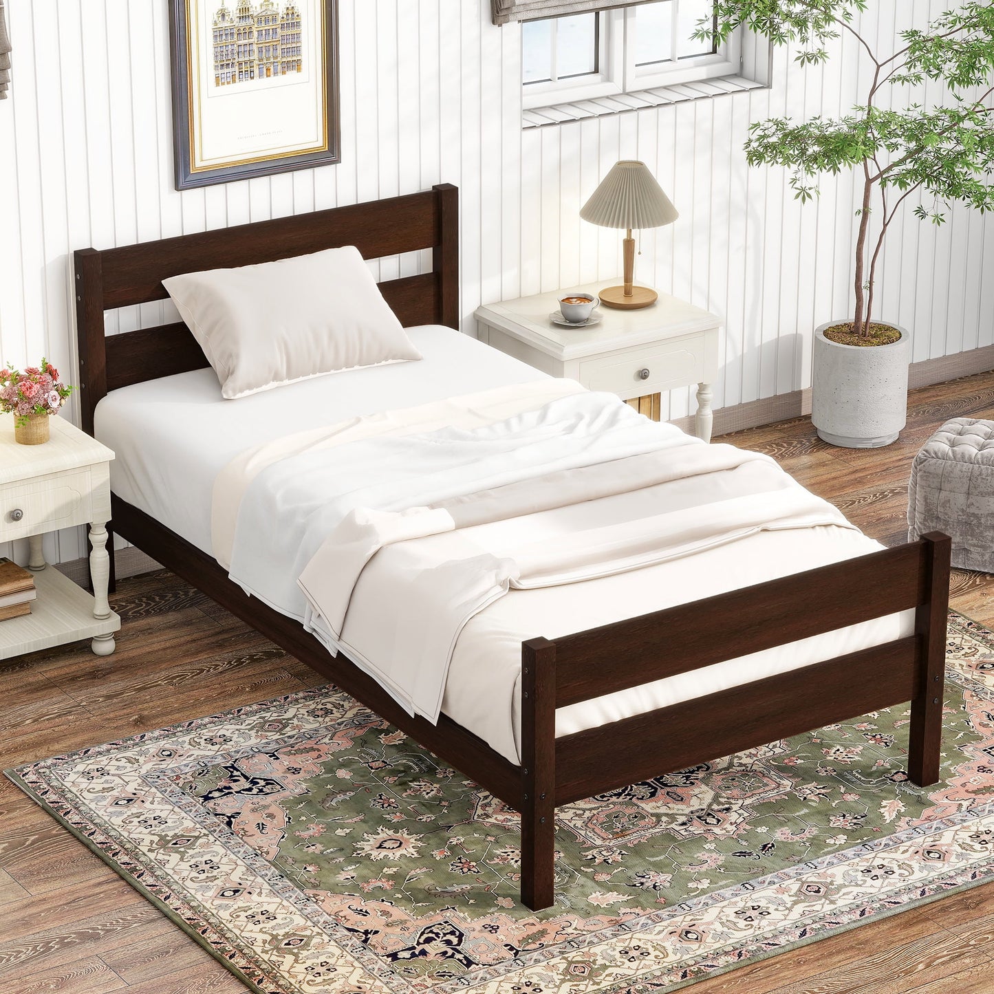 PORKISS Cama Tamaño Twin para Niños, Estructura de Madera con Cabecera/piecera para Adolescentes, Niños y Niñas, No Se Necesita Box Spring, Blanco #2