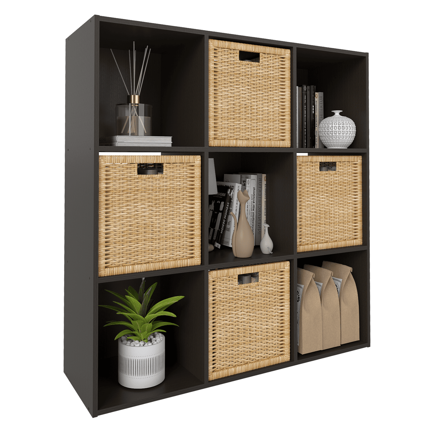 Prilinex Stackable 9 Cube Storage Organizer, Wood Open Cubes Shelf with Removable Back, Cubicle Bookshelf Cabinet for Bedroom Living Room Home Office, Espresso