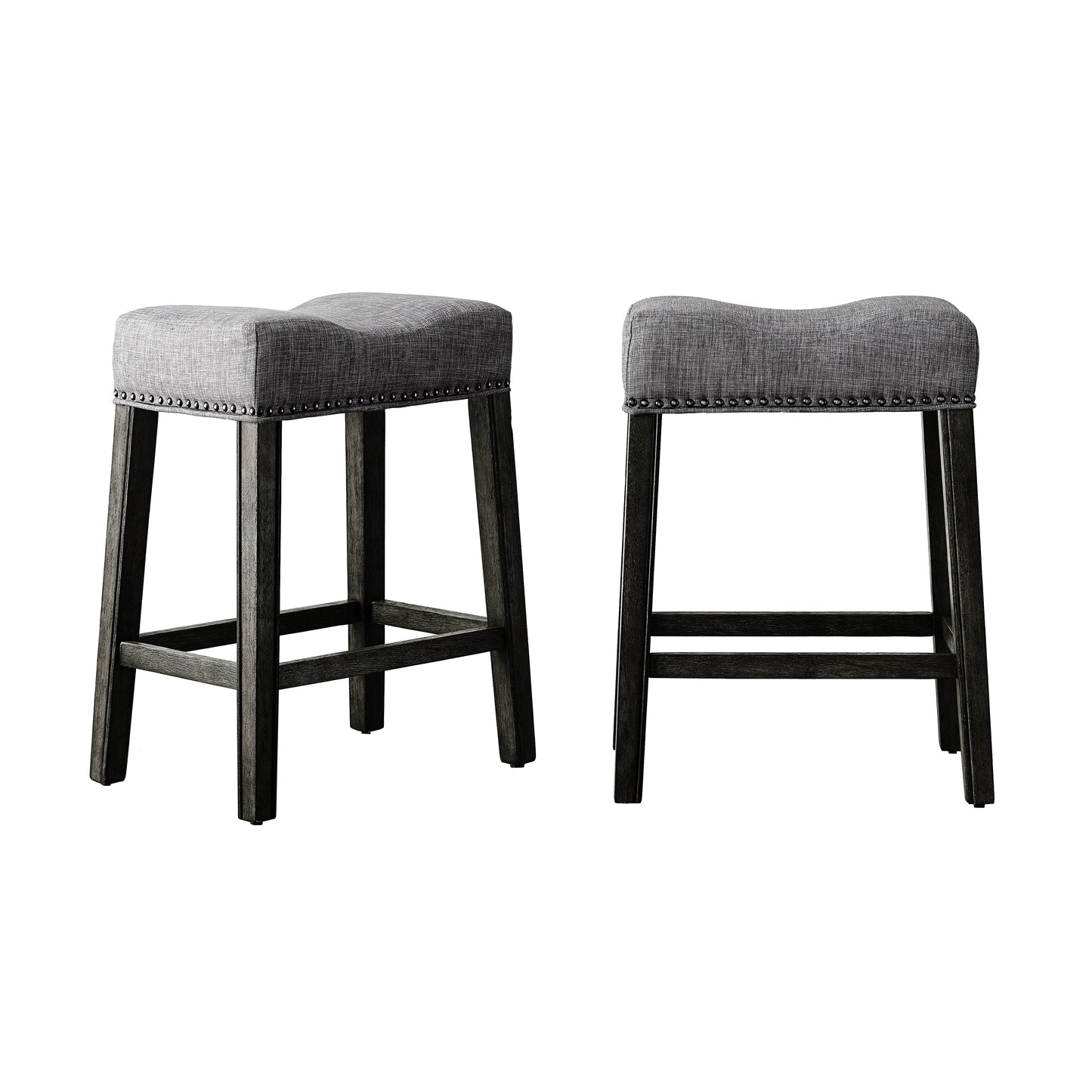 Roundhill Furniture CoCo 25.5" Counter Height Saddle Stool, Gray Fabric, Solid Rubberwood, Set of 2