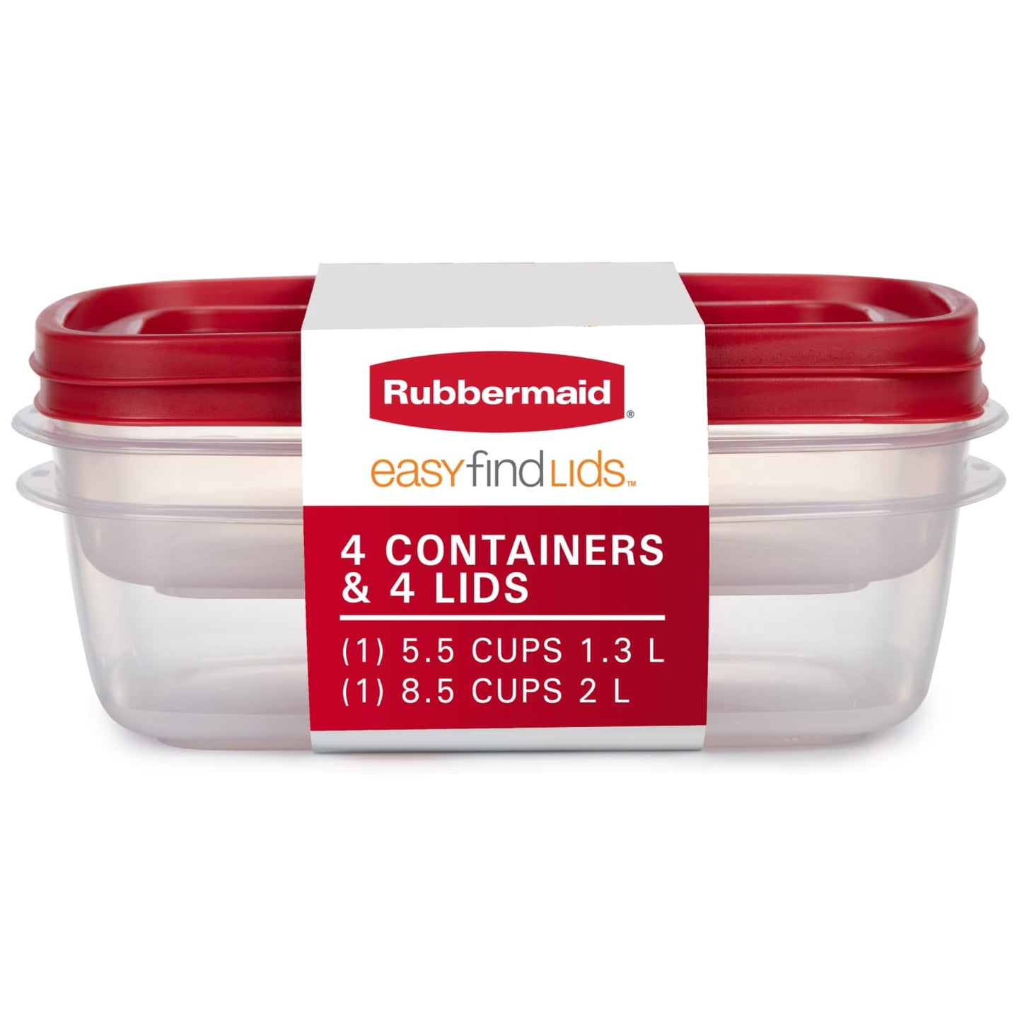 (Paquete de 2) Contenedor de Almacenamiento de Alimentos Rubbermaid EasyFindLids, Paquete Económico con Tapas, 1 Taza de 8.5 (2.0 Litros), 1 Taza de 5.5 (1.3 Litros)