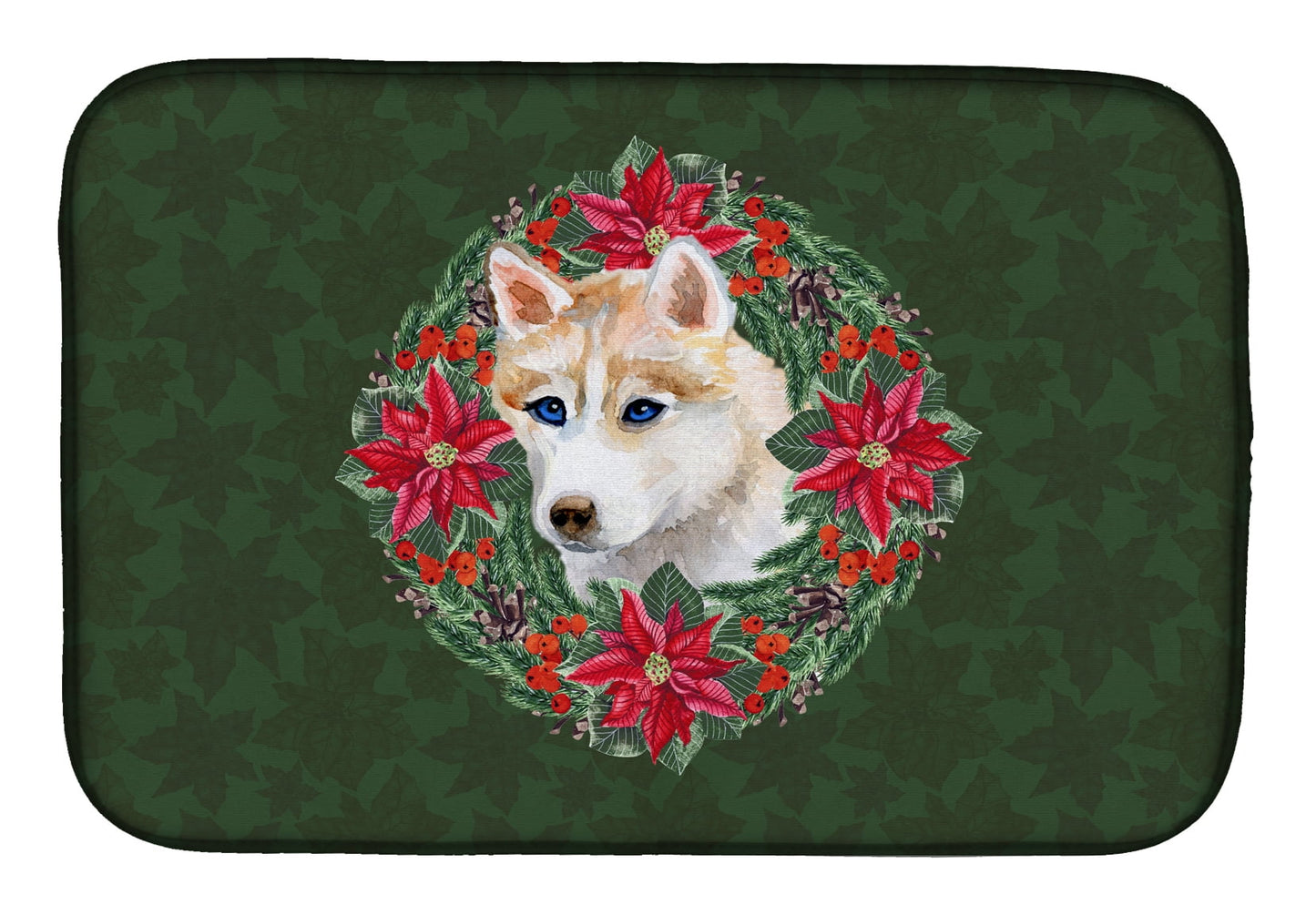 Siberian Husky Poinsetta Wreath Dish Drying Mat