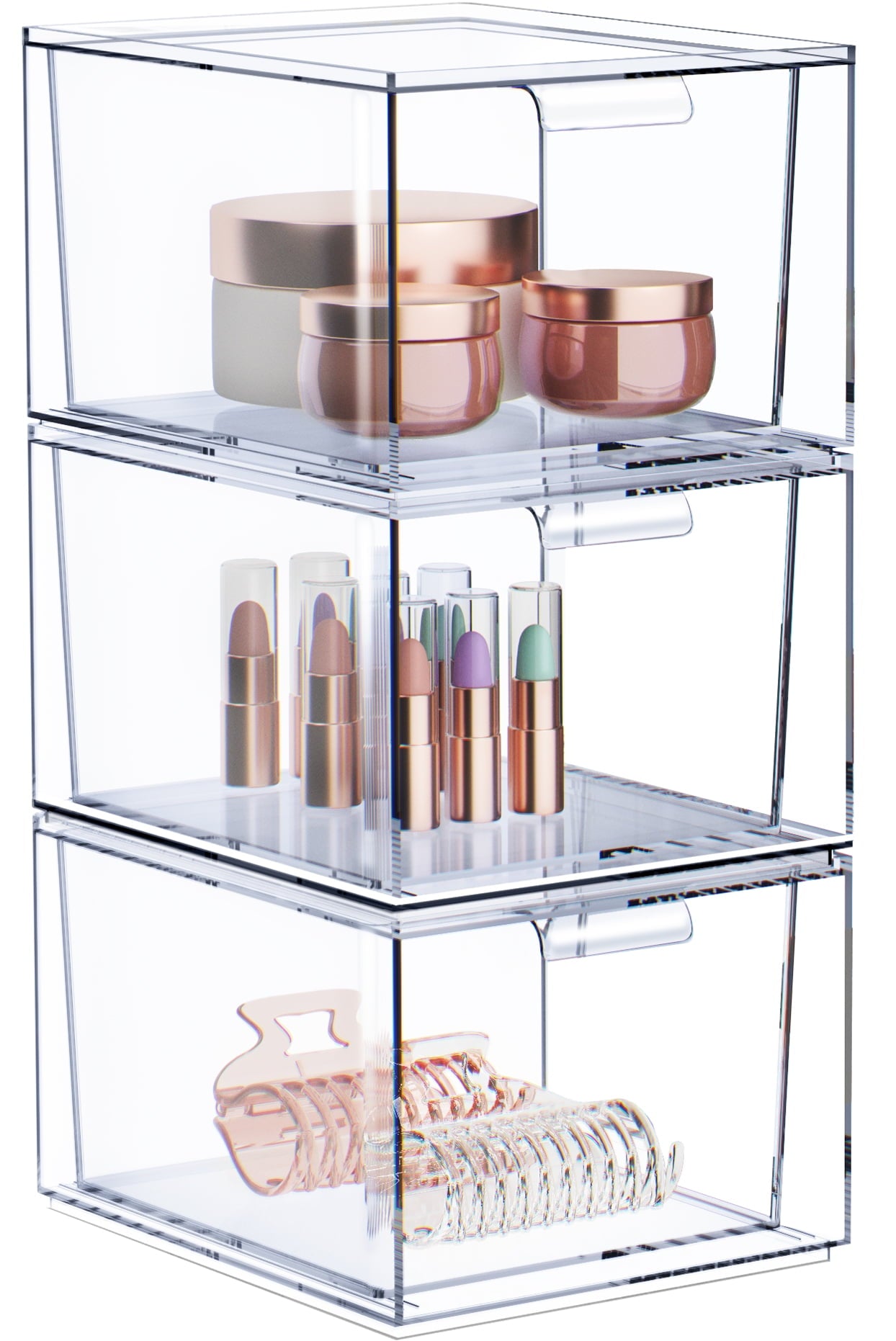 Sorbus Paquete de 3 Organizadores de Maquillaje de AcrÃlico Transparente – Contenedores de Almacenamiento Apilables de Plástico para Tocador, Baño y Organización de Cosméticos