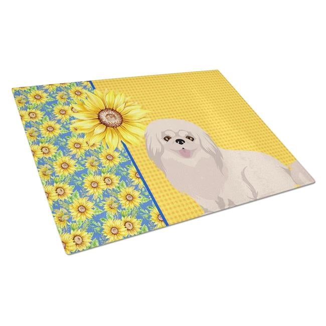 Summer Sunflowers White Pekingese Glass Cutting Board Large 12 in x 15 in