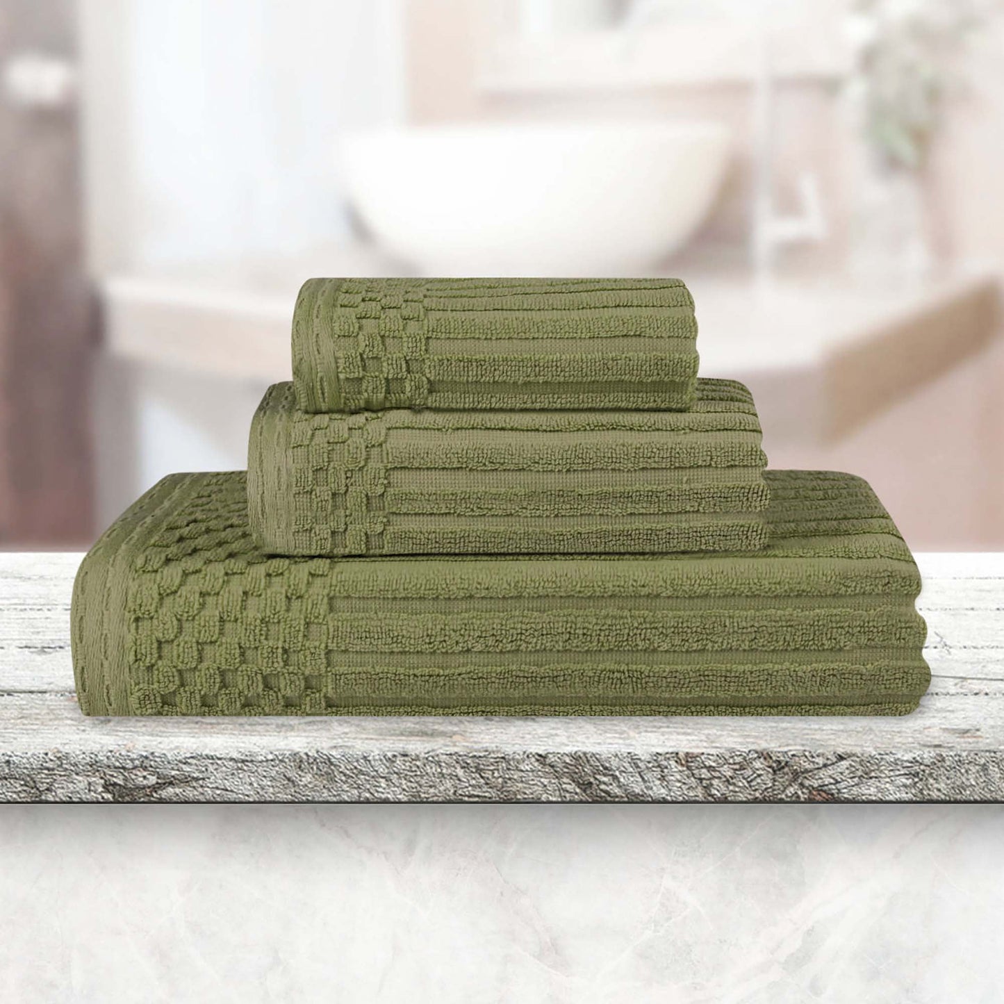 Superior Soho Ribbed Cotton 3-Piece Assorted Towel Set, Sage